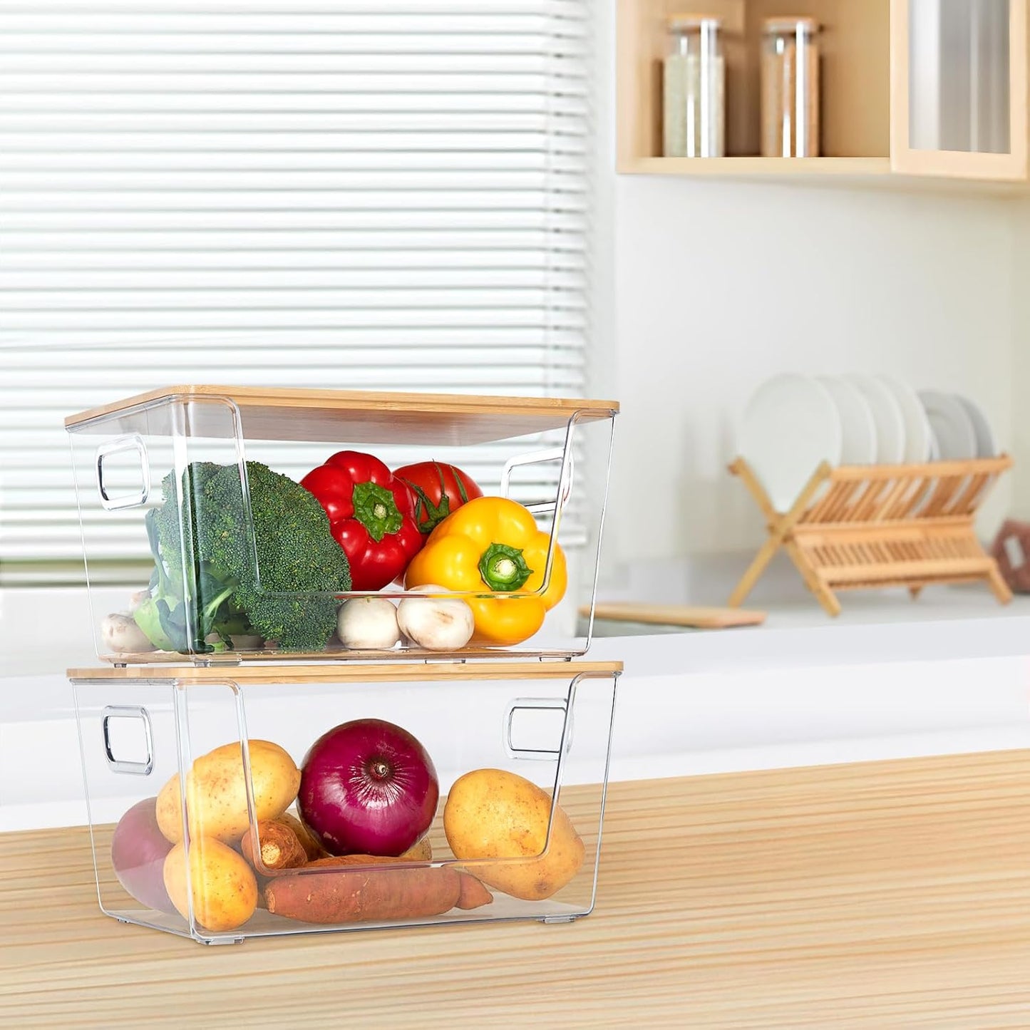 4 Set Pantry Organizer and Storage, Stackable Trash Bag Dispenser Clear Acrylic Kitchen Counter Pantry Baskets for Potato, Onion, Produce, Fruit, Vegetable, Snack, Trash Bag Holder with Bamboo Top