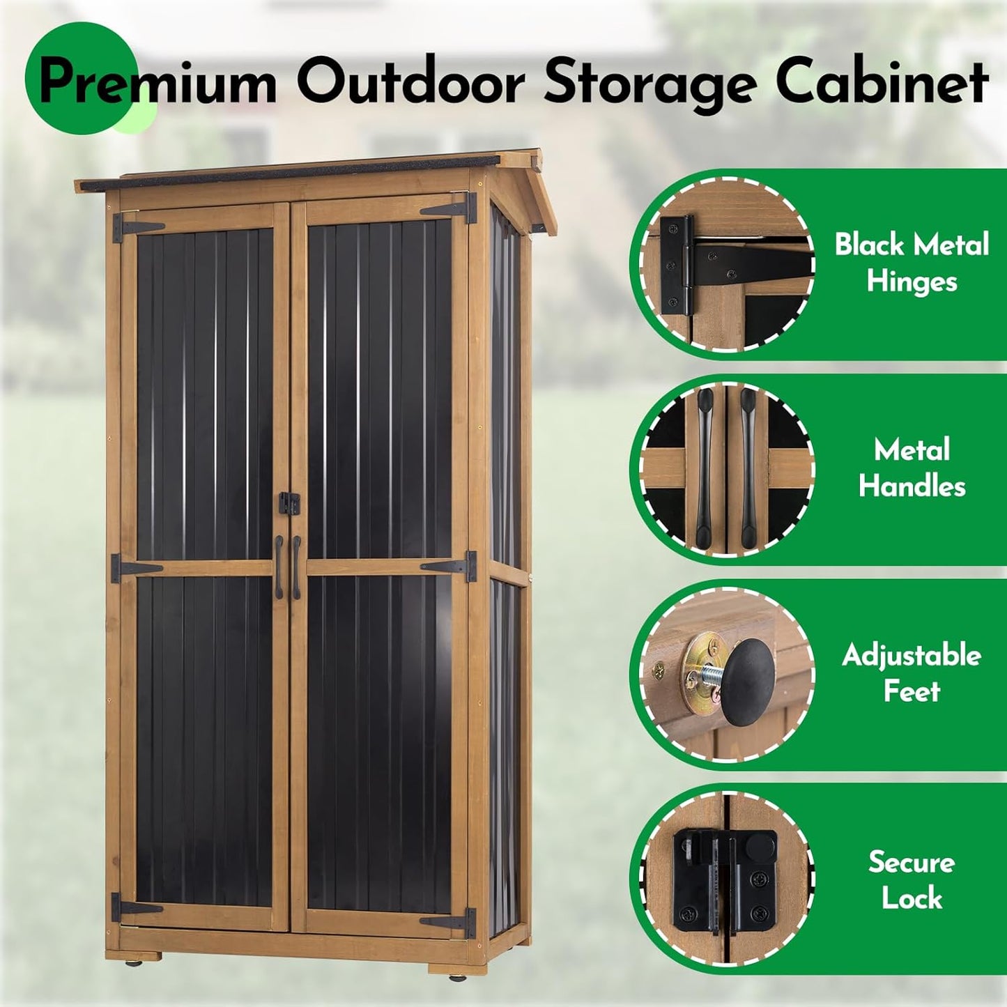 Large Outdoor Storage Cabinet, Wood Outdoor Storage Shed with Three Adjustable Shelves, Lockable Doors, Waterproof Roof, Outdoor Cabinets Garden Tool Shed, Brown, 38''x20.5''x69''