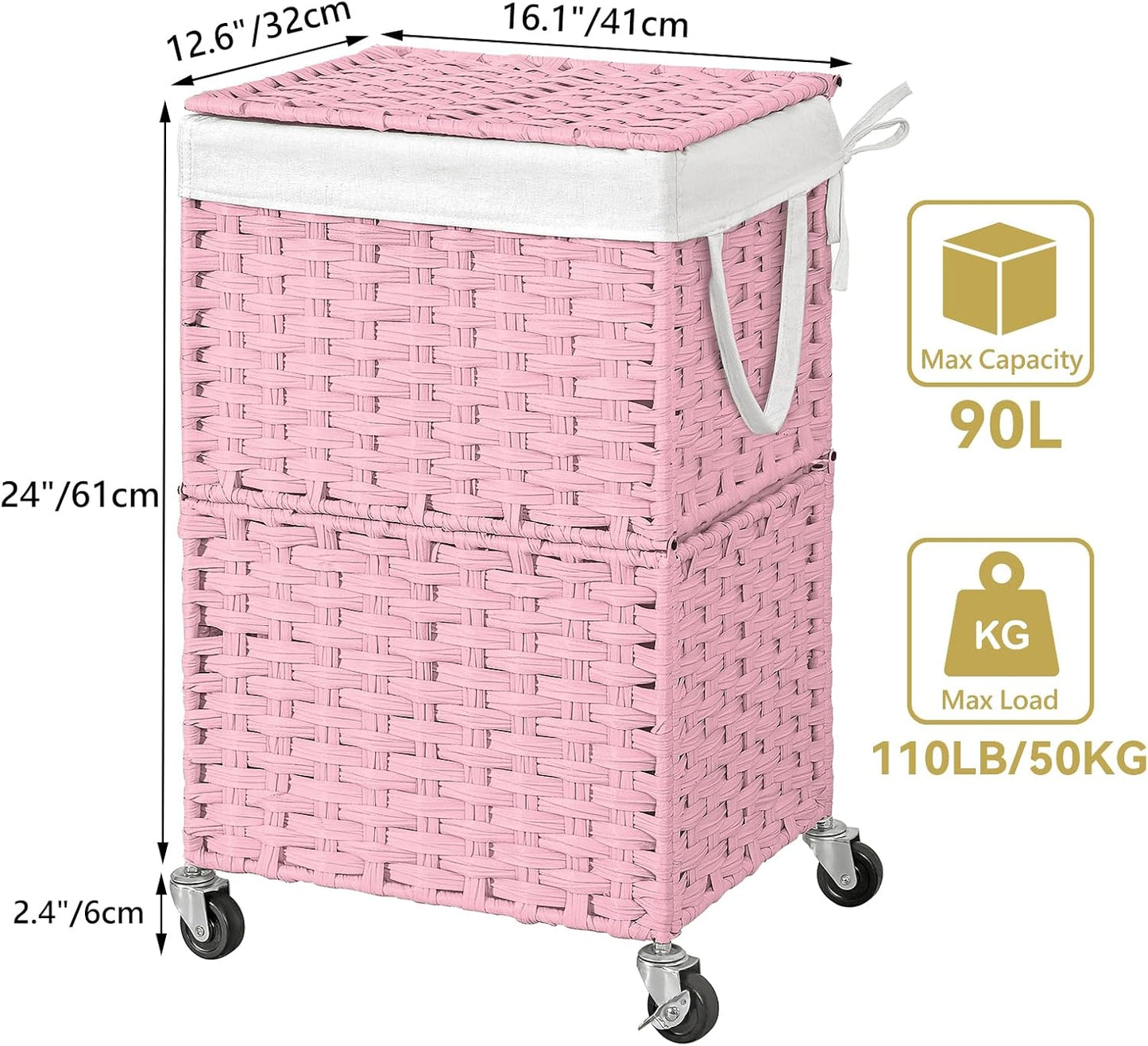 Chrislley 90L Slim Laundry Hamper with Wheels, Rolling Laundry Basket with Lid and Renovable Liner Bag, Handwoven Rattan Organizer for bedroom, bathroom, laundry room (Pink)
