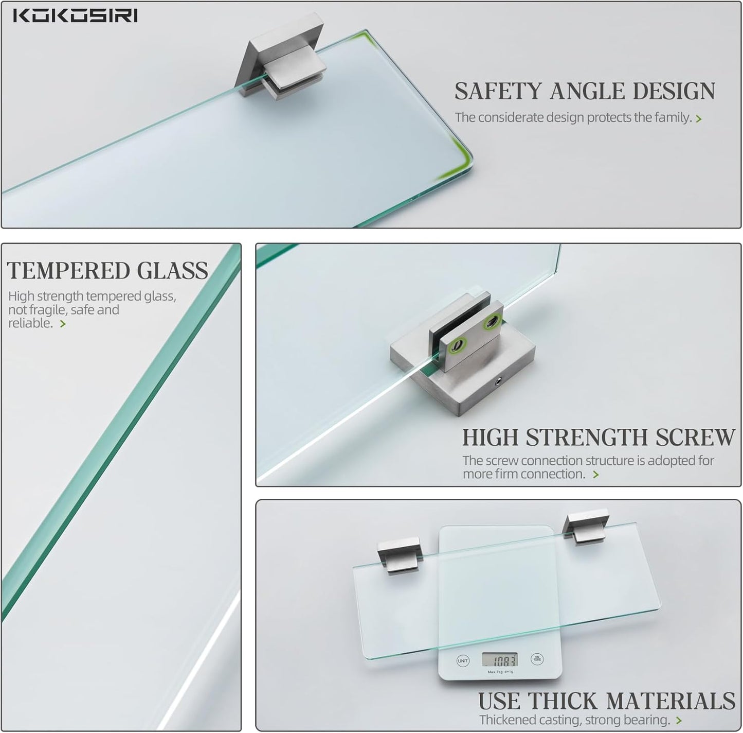KOKOSIRI Wall Shelves Floating Bathroom Glass Shelf for Kitchen Storage, 12'' x 5.6'' Tempered Glass Wall Mounted Brushed Stainless Steel B1106BR-L12