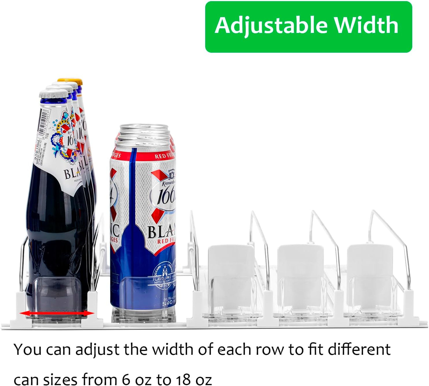 RULA Drink Organizer for Fridge, Self-Pushing Soda Can Dispenser for Mini Refrigerator, Width Adjustable Water Bottle Pusher Glide, White, 5 Rows,12.2” D