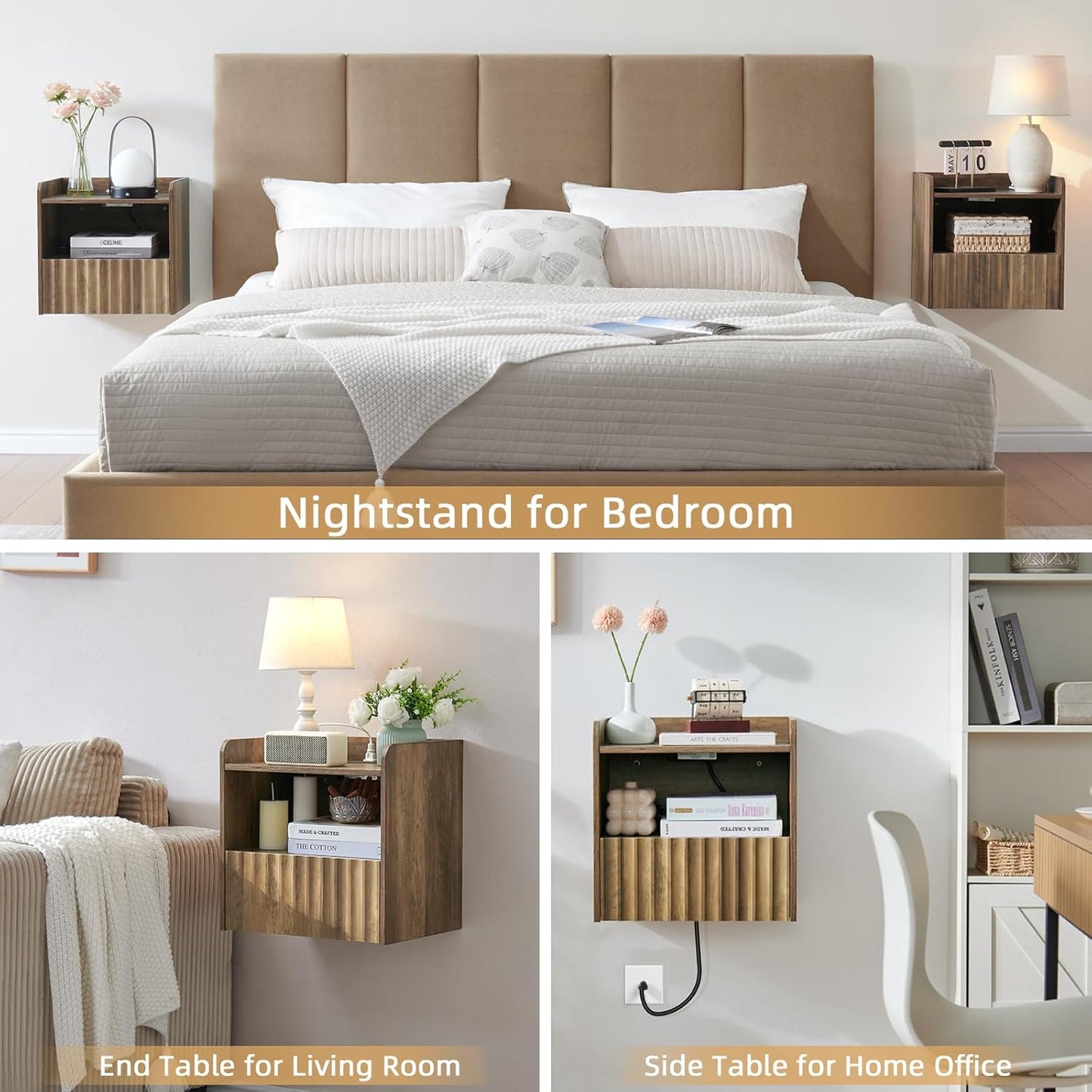 Modern Fluted Floating Nightstand Wall Mounted - Bedside Table with Storage Drawer & Display Shelf, Minimalist Bedroom Furniture for Studio Apartments(Rustic Brown)