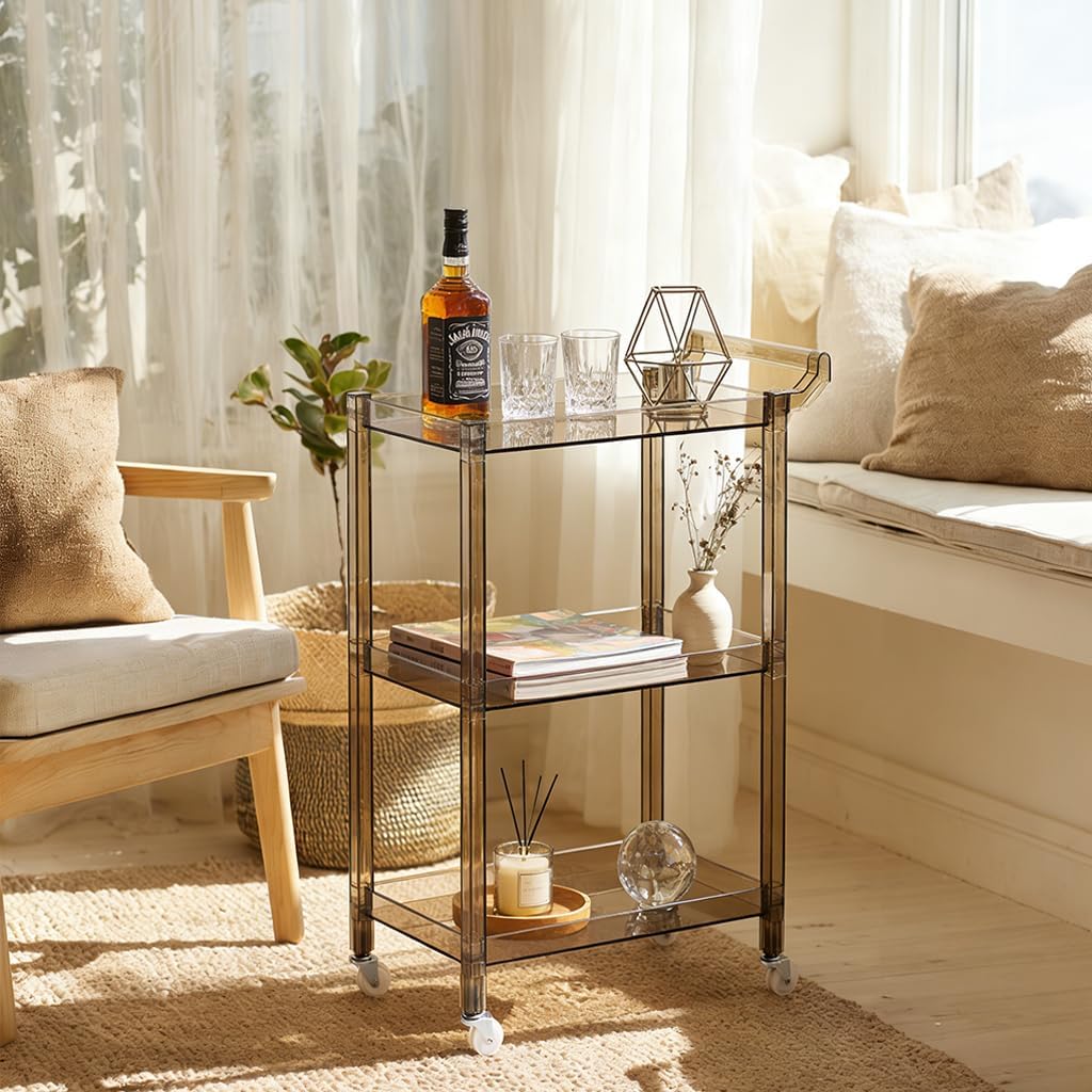 Acrylic Utility Rolling Cart, 3-Tier Clear Acrylic Storage Cart with Pulling Handle & 4 Wheels for Kitchen Living Room Dining Bathroom Laundry, Multifunction Serving Trolley for Small Spaces (Brown)