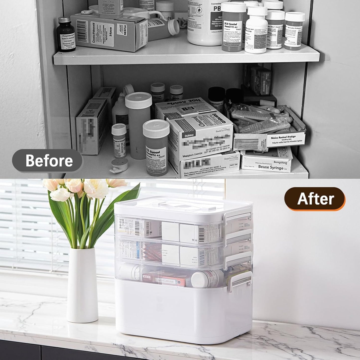4-Tier Portable Medicine Cabinet Organizer, Large Medicine Storage Box with Handle, Plastic First Aid Box Empty, Multipurpose Medical Supply Organizer, Medication Storage with 3 Removable Tray