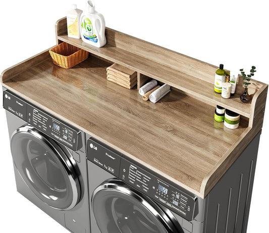 2-Tier Washer and Dryer Countertop with 2.75" H Guard,58" W x 28" D Laundry Countertop Cover with Non-Slip Pad,Large Space Laundry Topper for Folding Clothes Over Washer and Dryer-White Oak