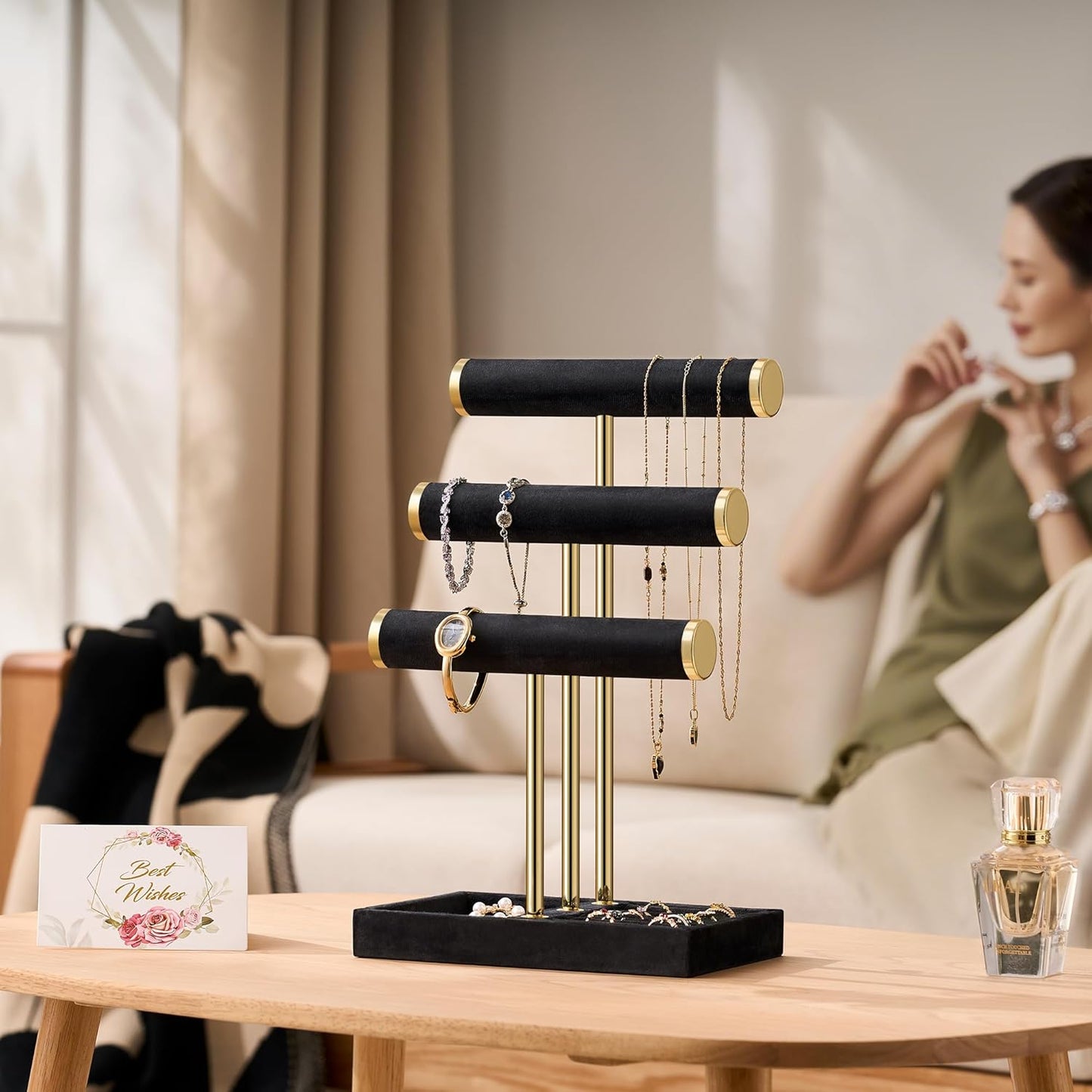 Bracelet Holder Jewelry Organizer Display - 3 Tier T Bar Velvet Stand, Black Jewelry Storage for Bracelet, Necklaces, Earrings, Watches