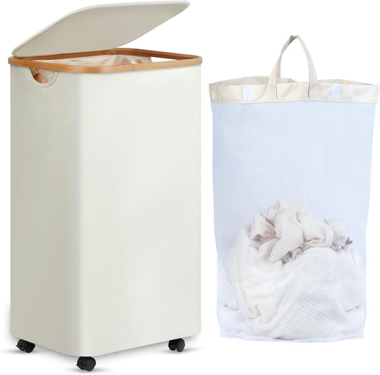 efluky Slim Laundry Basket with Wheels, Narrow Rolling Laundry Hamper with Lid and Removable Bag, Tall Aesthetic Dirty Clothes Hamper on Wheels for Laundry Room, Bedroom, Dorm and Bathroom, 100L Beige