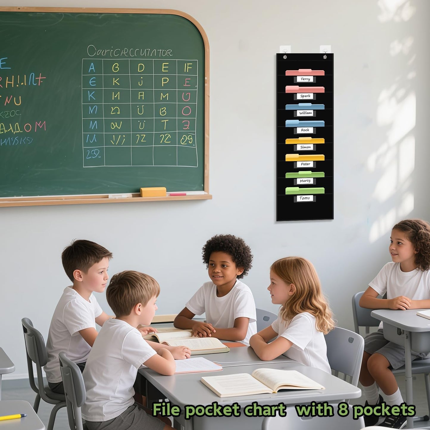 8 Pockets File Storage Pocket Chart with 8 Nametag Pockets,Hanging Wall File Organizer for Classroom and Office Use, Keeps assignments, Files, scrapbooks, and Papers neatly Organized.