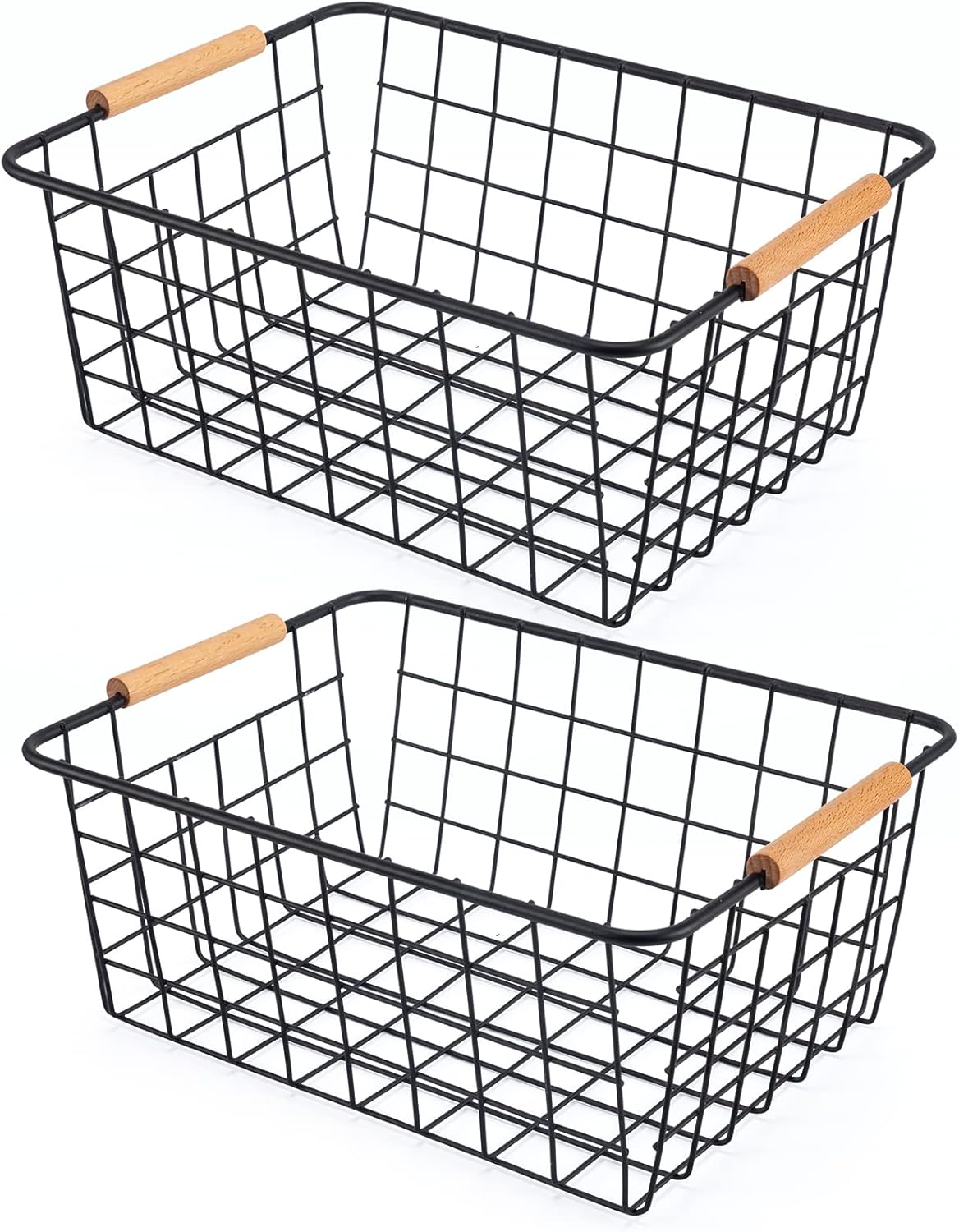 Black 2PCS Wire Storage Baskets with Wooden Handles - Organizing Pantry and Kitchen Cabinets - Metal Wire Food Storage Basket