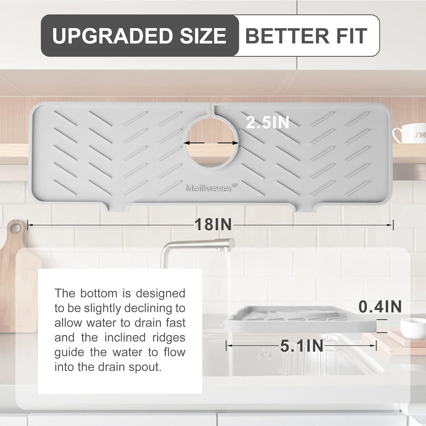 Meiliweser Silicone Faucet Mat for Kitchen Sink – Gen 2 Splash Guard with Upgraded Outlet & Slope – 18” x 5.1” Water Catcher & Sink Sponge Holder for Kitchen and Bathroom (Gray)