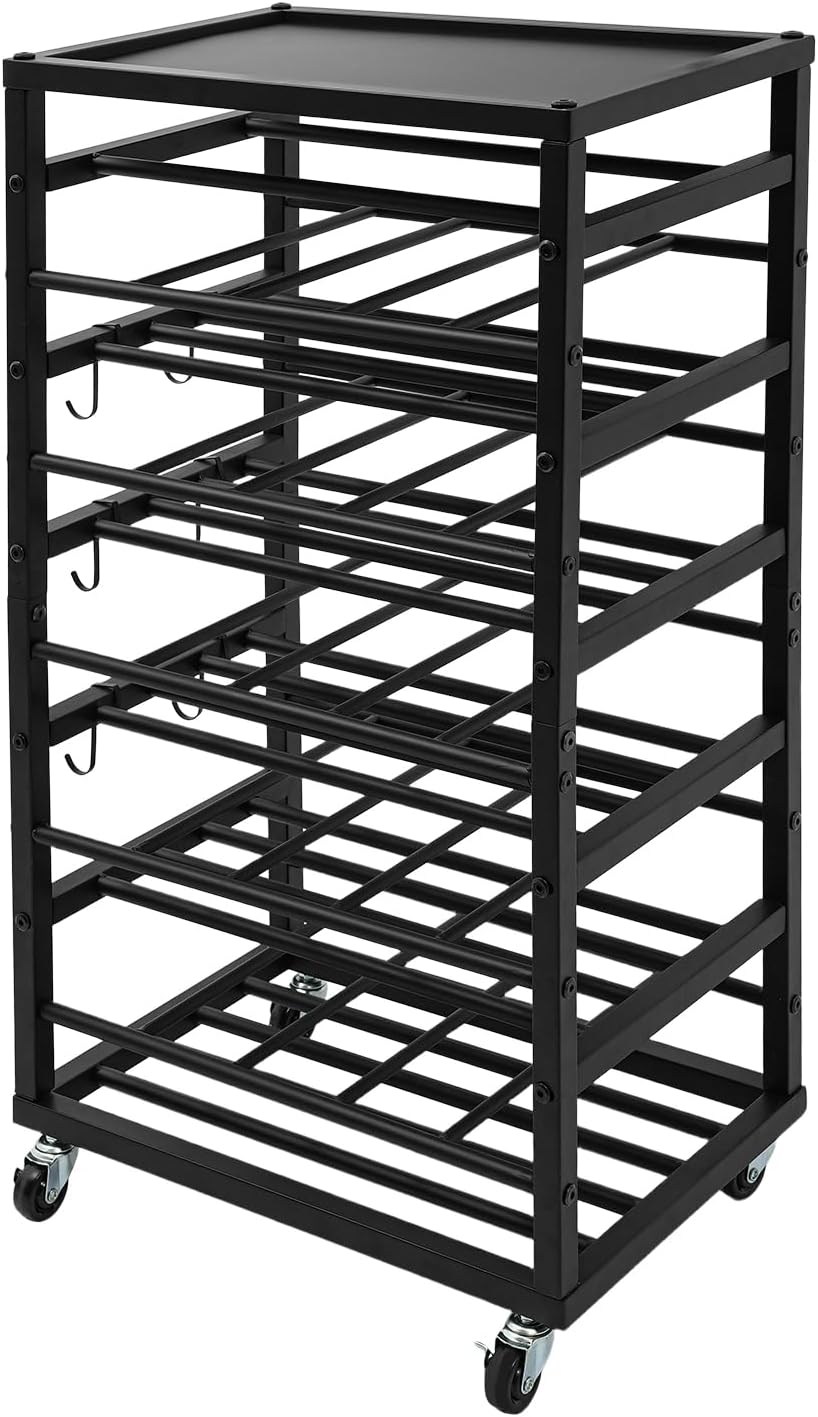 5-Tier Spray Paint Rack Organizer, Rolling Spray Bottle Holder with Storage Shelf, Metal Spray Paint Can Storage Holder, Aerosol Can Holder Rack for Garage, Craft Workroom (Black)
