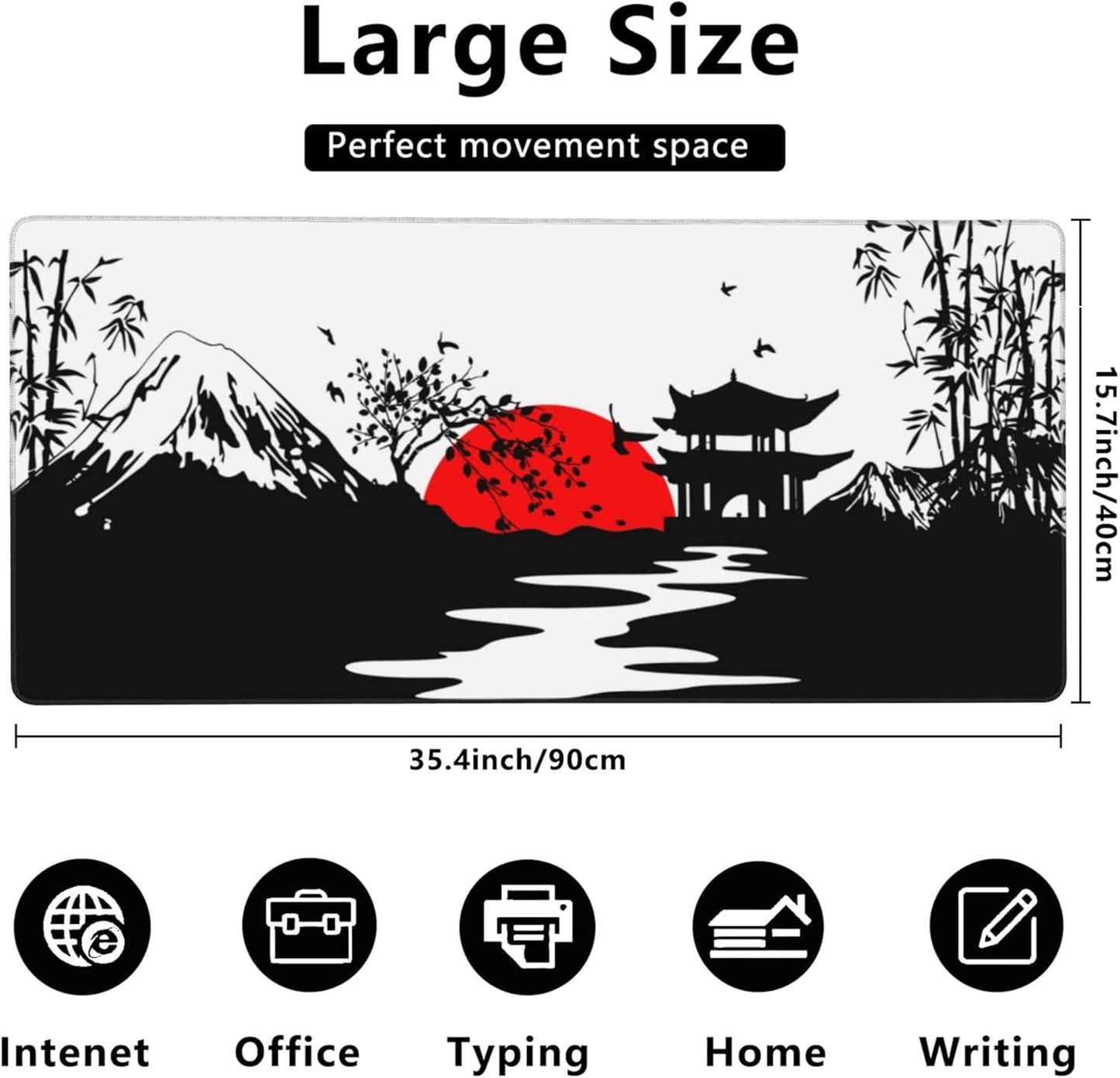 Desk Mat,Japanese Landscapes with Mountains Gaming Mouse Pad,XXL Extended Mouse Pad Mat for Office,Computer,Keyboard with Non-Slip Base Stitched Eges Mousepad 35.4x15.75 inch