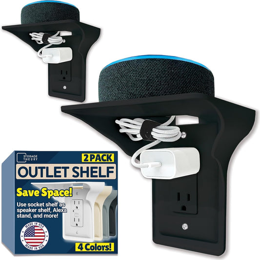 Power Perch Wall Outlet Shelf with Cord Storage Strap - Declutter & Reclaim Bathroom Counter Space - Alexa Stand, Apple Homepod Shelf, Toothbrush Holders Wall Mounted - Black, 2-Pack