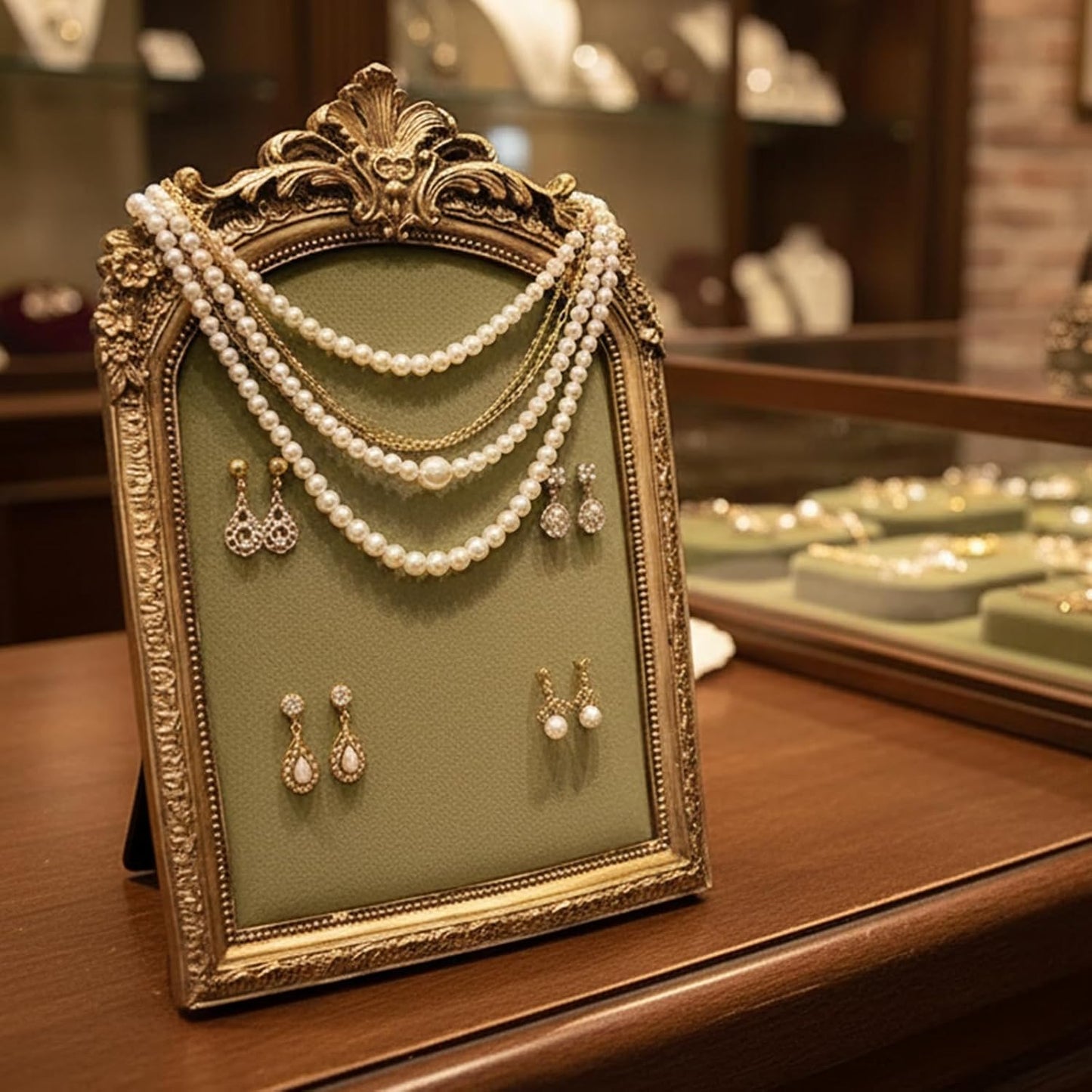 Green Velvet Jewelry Holder Organizer & Necklace Display Stand, 10 * 6.7inches Vintage Jewelry Storage with Gold Frame for Bracelet Earring Rings, Pearl