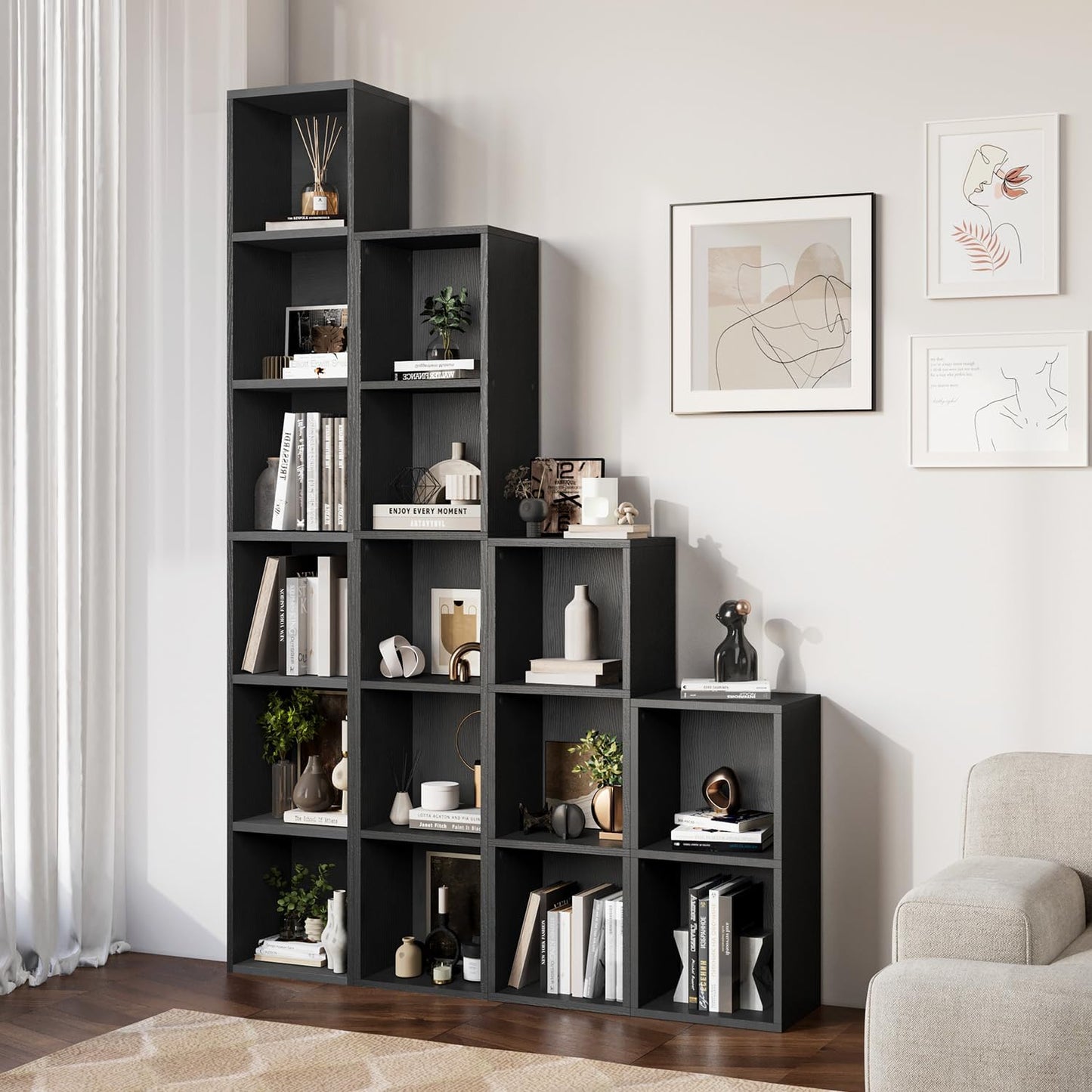 oneinmil Tall Narrow Bookshelf, 5-Tier Cube Display Rack, Modern Corner Bookshelf with Storage Space, CD Storage Cabinet for Home Office (Black 1 Pack, 5-Tier)