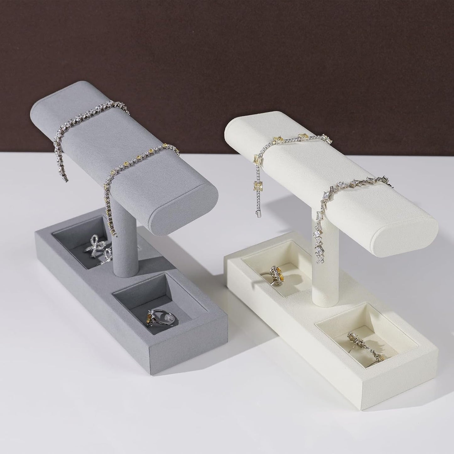 Oirlv Microfiber T-Bar Watch Display Stand Jewelry Display Props Jewelry Organizer Holder for Watch Bracelet Ring Earrings (Creamy-white,Microfiber)