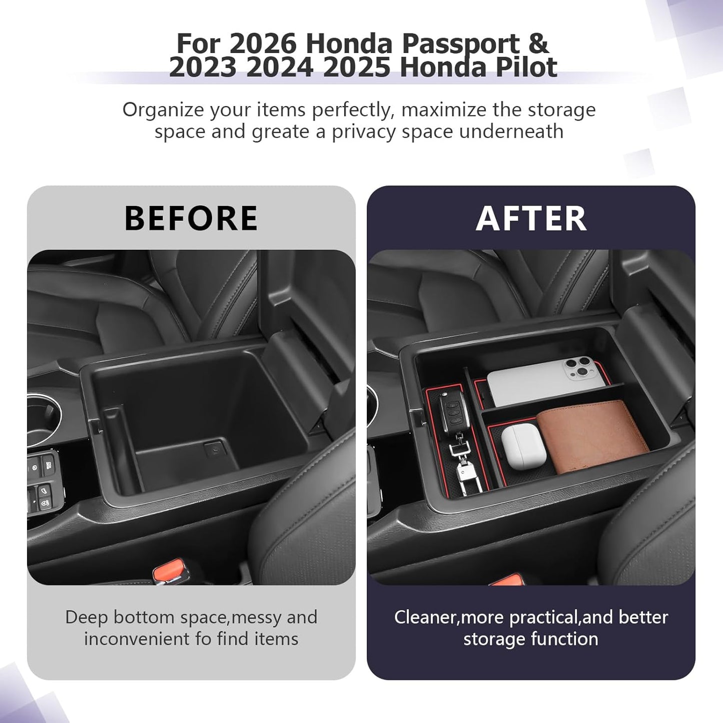 LUWU 2026 Passport Center Console Organizer Compatible with 2024 2025 2026 Honda Passport & 2023 2024 2025 Pilot & 2024 2025 Ridgeline Accessories Armrest Console Organizer Armrest Insert Tray (Red)