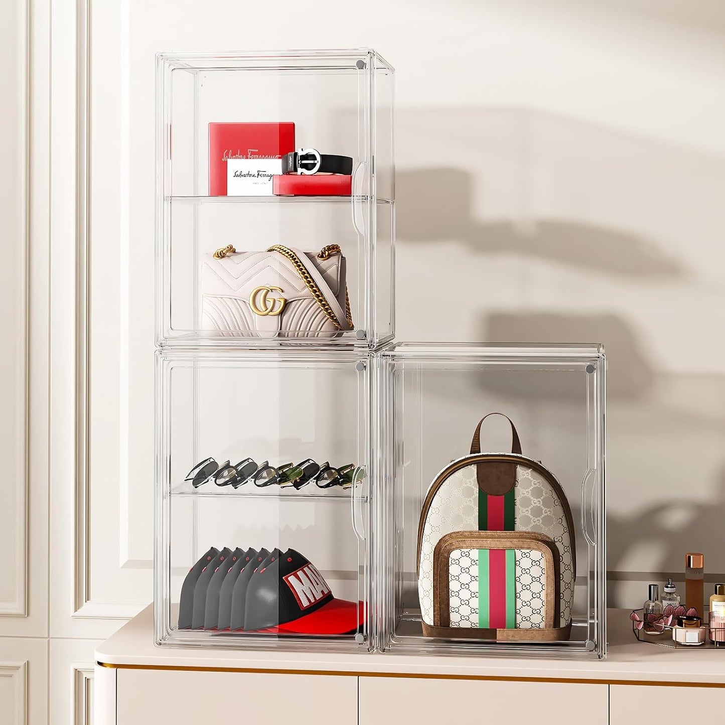 Clear Purse Organizer for Closet 1 Pack Clear Handbag Storage Organizer, Stackable Acrylic Display Case with Adjustable Divider for Purse, Handbag, Backpack, Wallet, Collectibles, XXX-Large