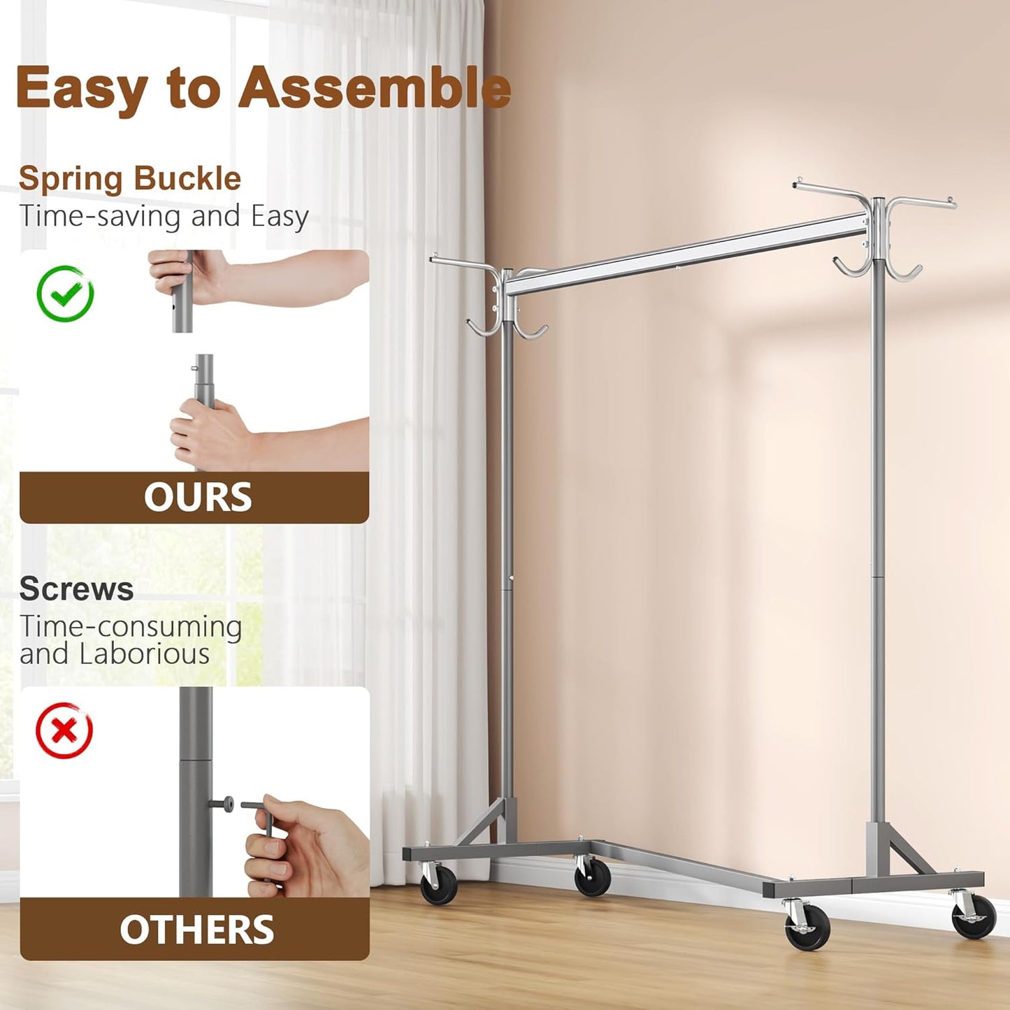Hoctieon Z Clothes Rack with Cover, Metal Heavy Duty Clothing Rack, Rolling Garment Rack with Wheels, with Dustproof Cover Waterproof Protector, with 2 Durable Zippers, for Hanging Clothes, Grey