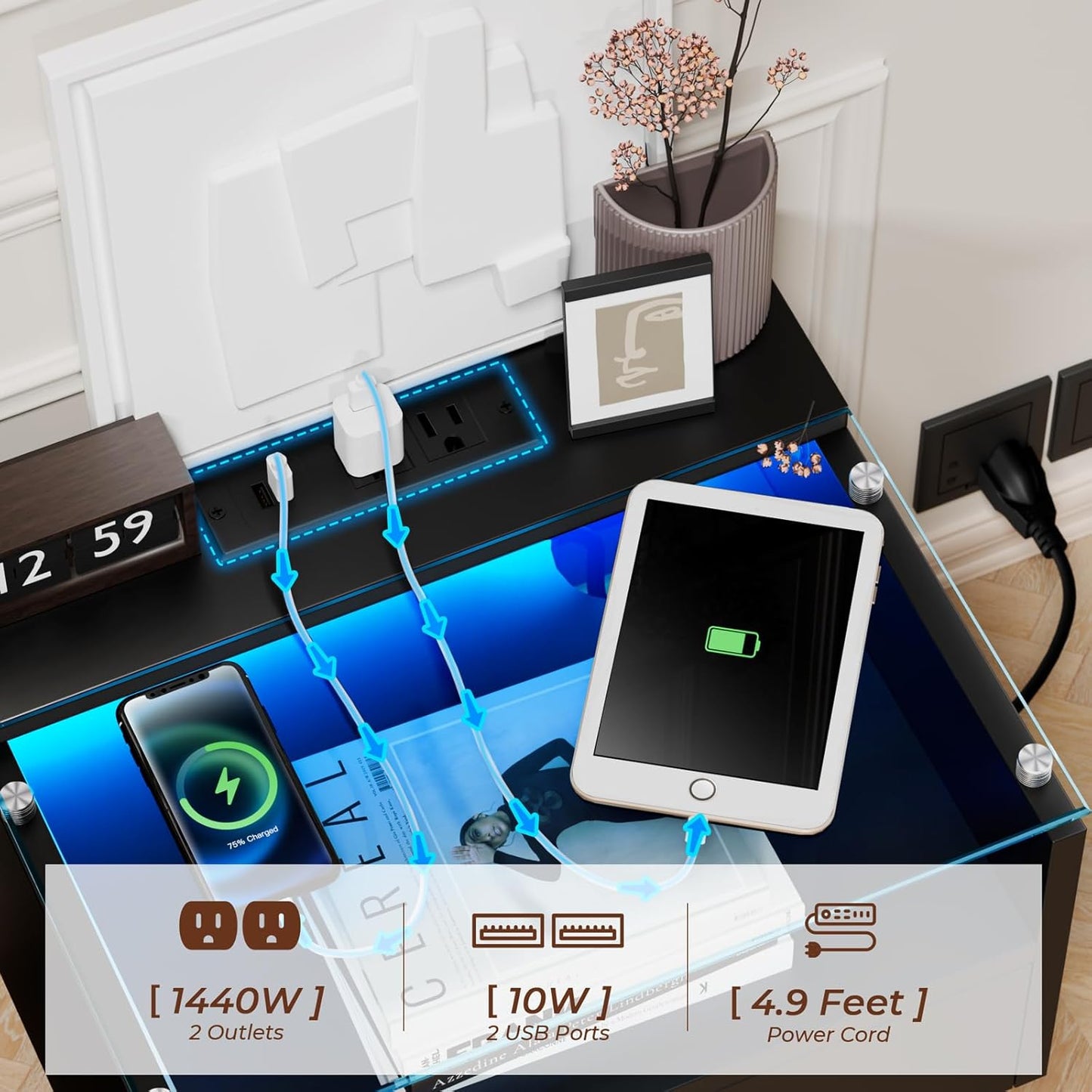 Loomie Black Floating Nightstands Set of 2, 18.9” Bedside Table w/Charging Station and LED Light, Floating Shelf with Drawer, Wall Mounted Night Stand for Bedroom, Entryway Wall.