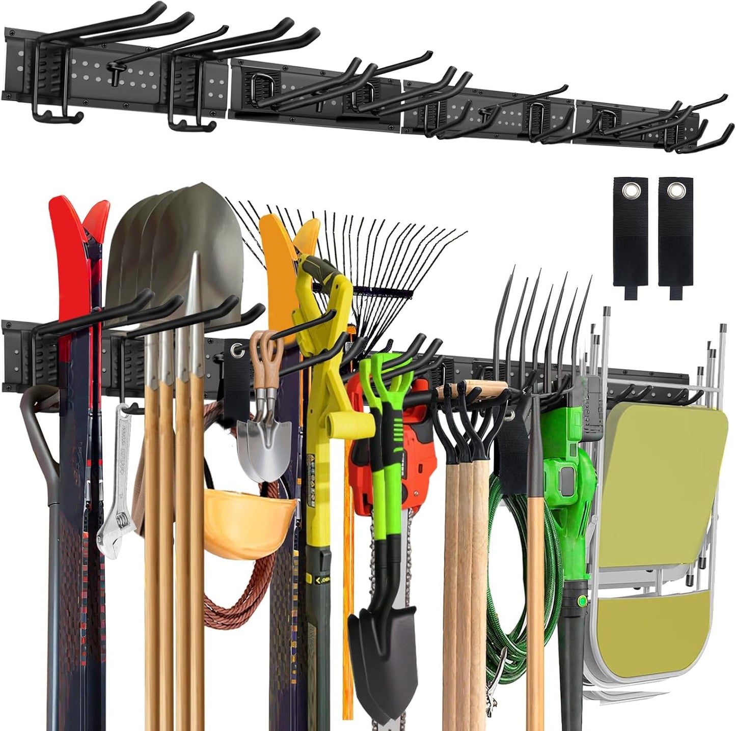 64-Inch Garage Storage Tool Organizer Wall Mount, Heavy Duty Garage Organization Metal Rack with 12 Hooks, Garden Tool Hanger Holder for Broom, Shovels, Ladders, Lawn Tools