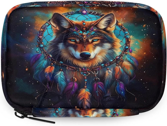 Majestic Wolf Dreamcatcher Pill Organizer Travel Medicine Case with Zipper Daily Vitamin Storage Bag Portable 8 Slot Weekly Pill Box Supplement Holder for Home Office Gym Travel