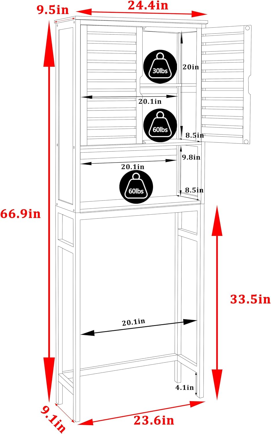 BlueWish Bamboo Over The Toilet Storage Cabinet, Over Toilet Cabinet with Anti-toppling Design, Adjustable Slats, Over-The-Toilet Storages, Bathroom Storage Cabinets for Bathroom, Laundry