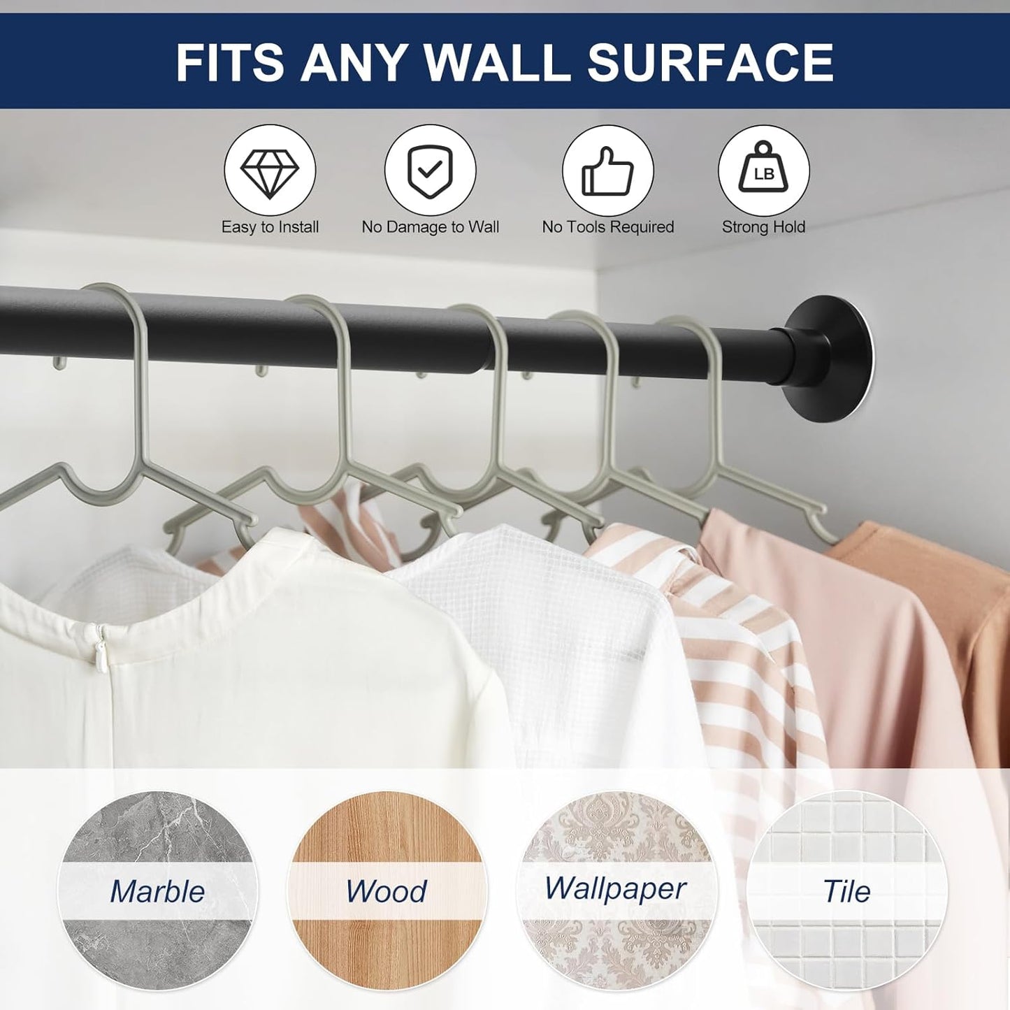 No Drilling Closet Rod, 27.5-74 Inches Hanging Closet Rod for Clothes, Closet Bar & Pole Heavy-duty, Closet Rods for Hanging Clothes For Closet Wardrobes Bathroom Laundry RV Curtains,Black