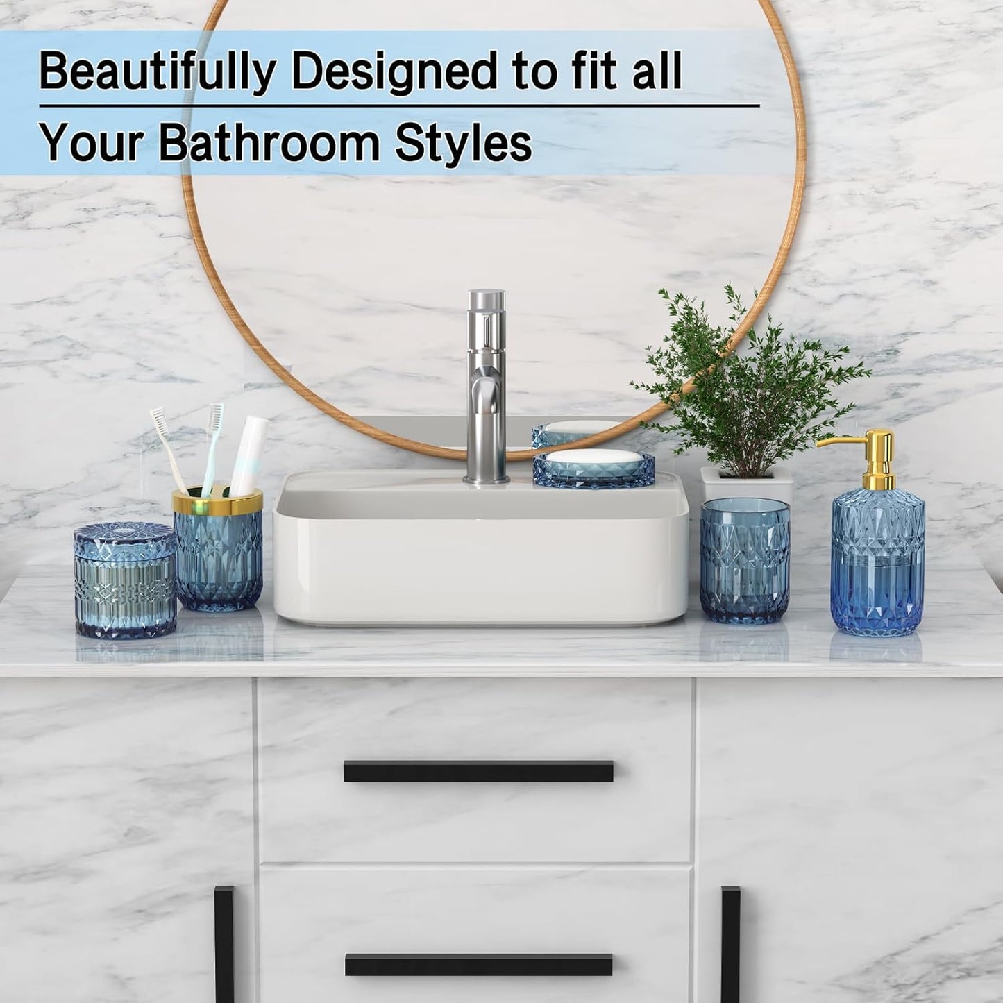 Blue Bathroom Accessories 5 Pcs, Glass Bathroom Accessory Set, Vintage Blue Bathroom Set, Soap Dispenser and Toothbrush Holder Set, Qtip Holder, Bathroom Sets Complete, Modern Bathroom Decor