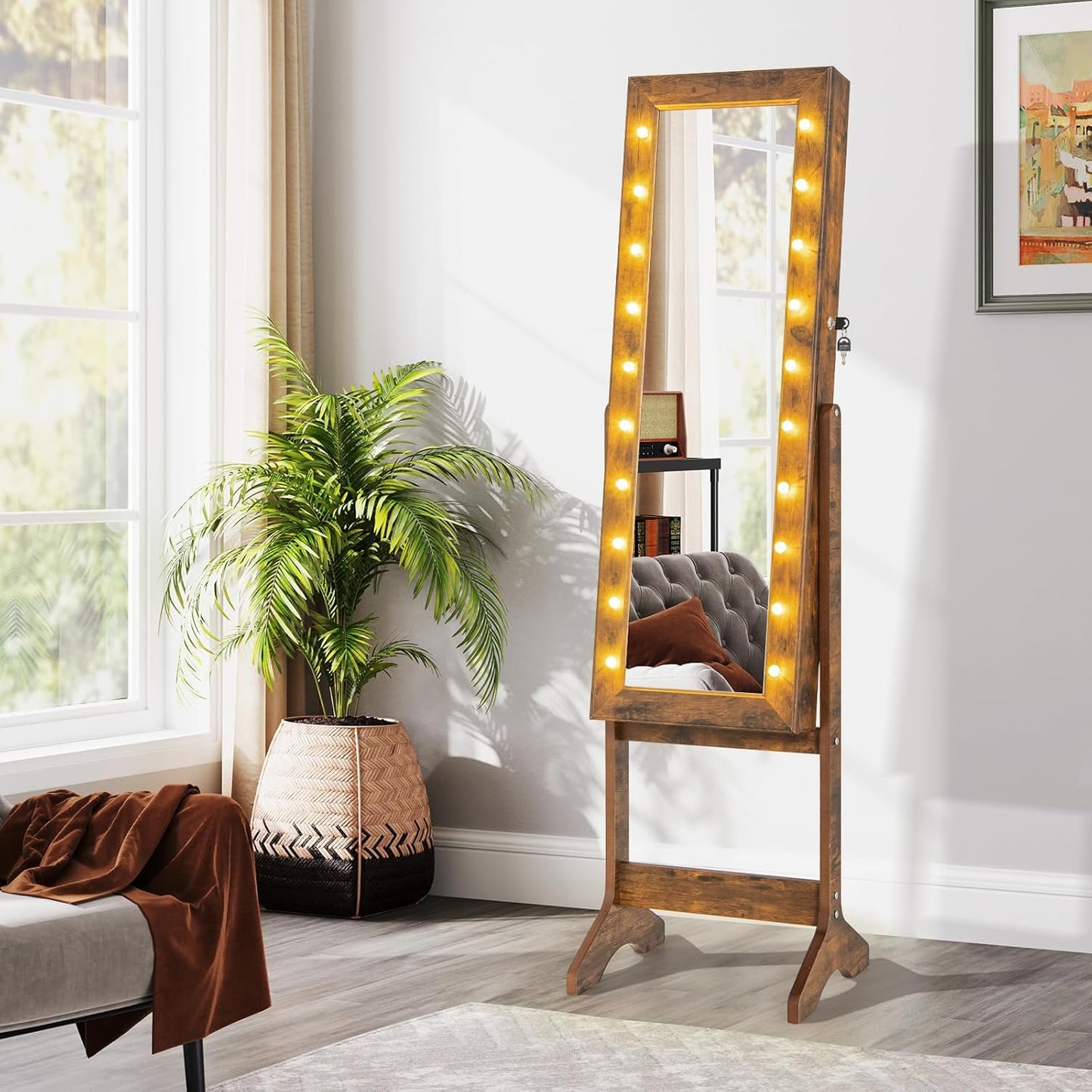 Giantex Standing Jewelry Armoire with Lighted Full Length Mirror, Lockable Jewelry Cabinet Organizer with 20 LED Lights, Adjustable Tilt, Large Storage for Earrings, Rings, Necklaces, Rustic Brown
