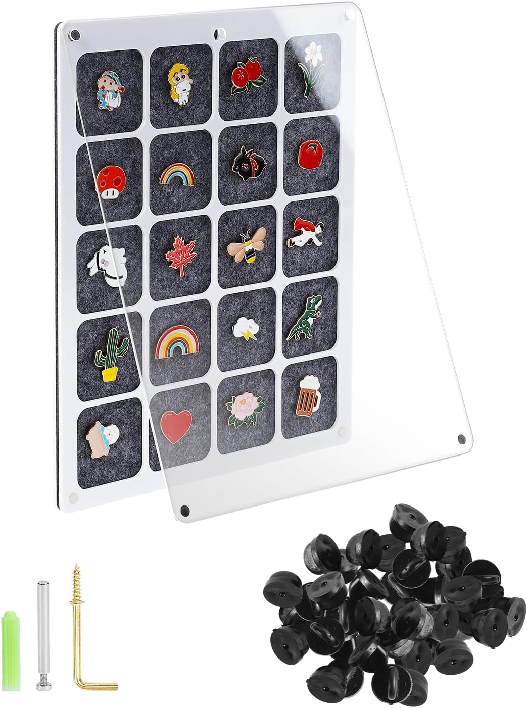 UCEC 20 Grids Clear Acrylic Pin Display Board & 50 PCS Rubber Pin Backs, Pins Organizer Board Enamel Pin Board Display Case, Dust-Free Pin Collection Display, Tabletop & Wall Pin Holder Display