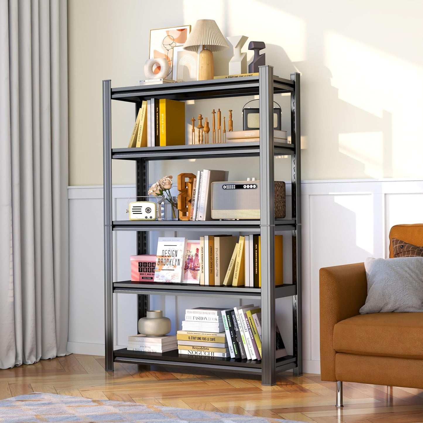Storage Shelves, Garage Metal Shelving Unit, Adjustable, Double-Layer Column with Reinforced Ribs, Heavy-Duty, Capable of Bearing 600-3600 lbs (Black, 45''W*20''D*71''H, 5-Tier)