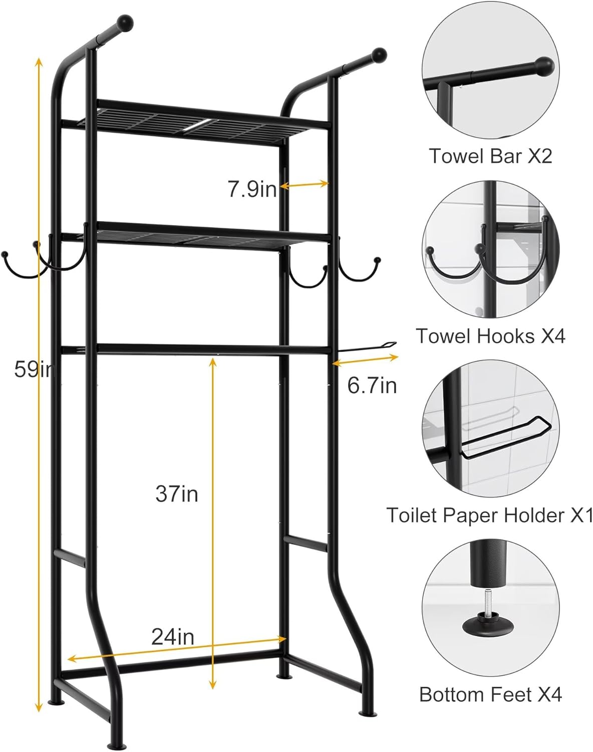 3-Tier Over The Toilet Storage Shelf，Bathroom Organizers and Storage Over Toilet，Metal Bathroom Space Saver with 2 Bars，1 Paper Holder and 4 Hooks,Black
