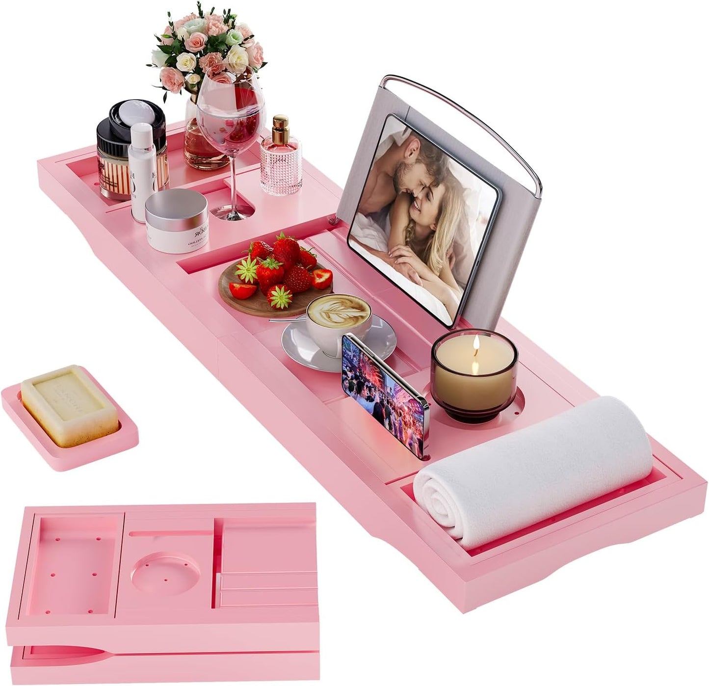Foldable Bathtub Caddy Tray, Bamboo Bath Tub Tray Table for Tub with Wine Glass Holder Book Phone Tablet Holder with Extending Sides, Adjustable Bathroom Bathtub Free Soap Holder Gift Idea (Pink)