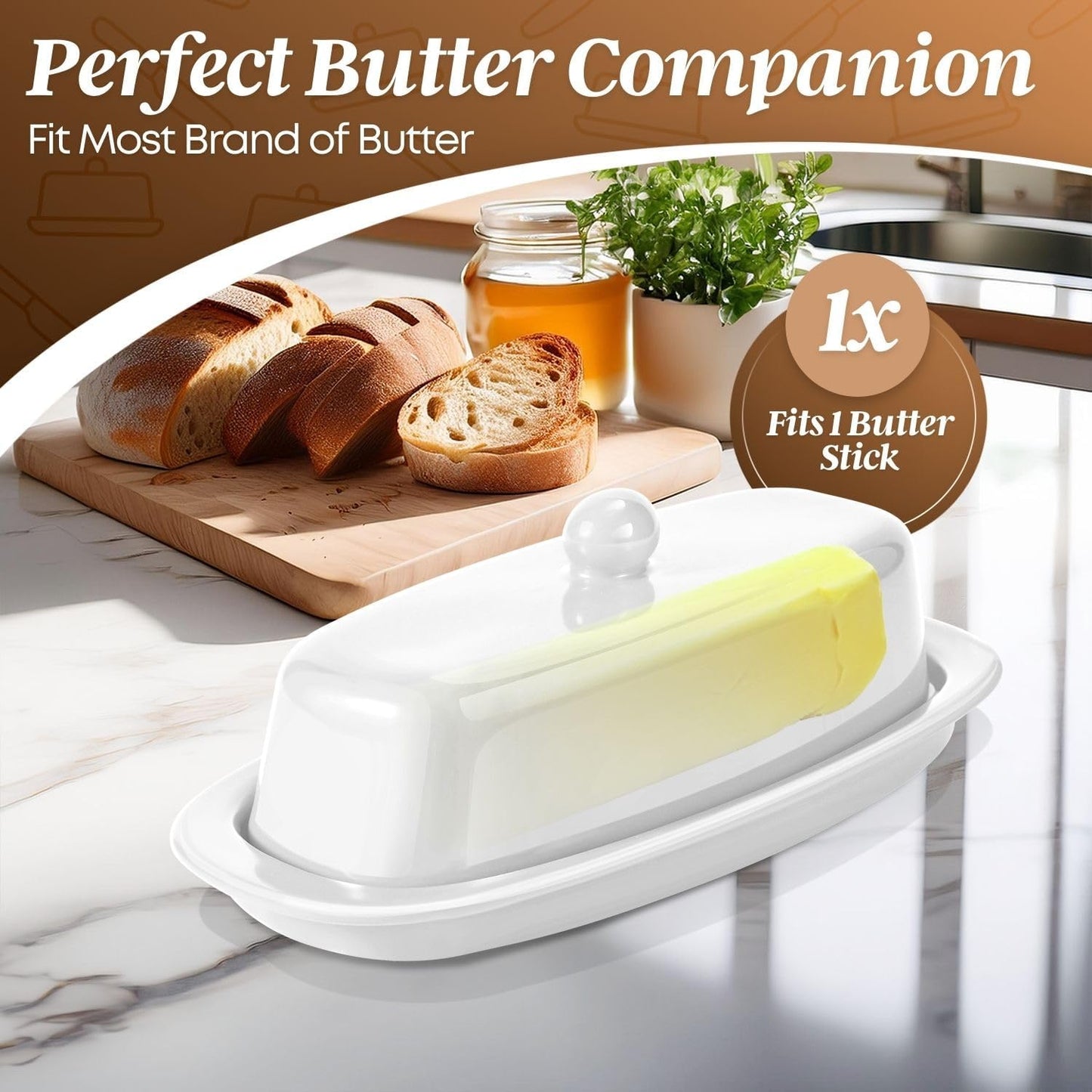 Flexzion Ceramic White European Butter Dish with Lid for Countertop (7 Inch) - 1 Stick Butter Holder for Counter, Cream Cheese Container Storage Keeper