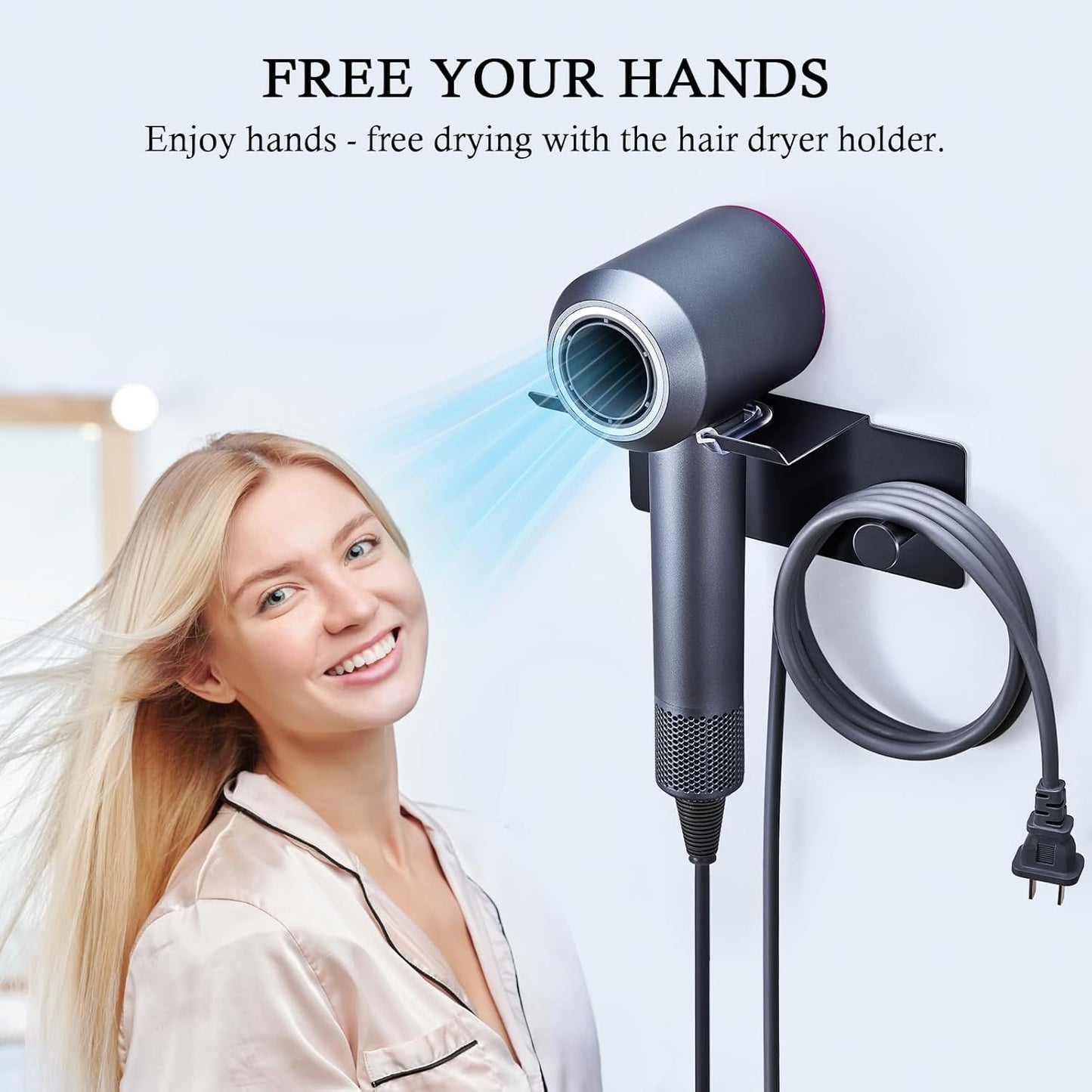 Hair Dryer Holder Wall Mounted, Blow Dryer Holder, Adhesive Hairdryer Holder for Bathroom, Hair Tool Organizer Hair Dryer Hanger, Blowdryer Holder for Wall, Hair Dryer Hook with Cord Storage (Black)