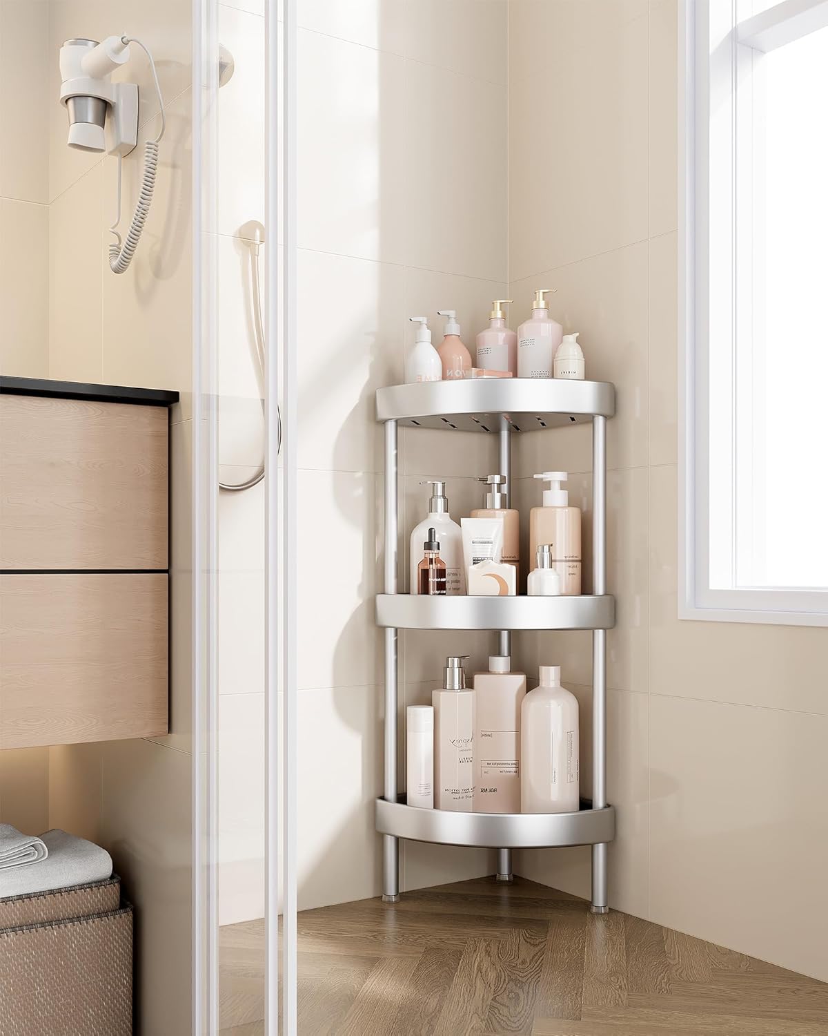 Nieifi Corner Shower Caddy Stand-4 Tier Rustproof Anodized Aluminum Standing Shower Organizer-Shower Caddy Corner-Dual Stability to Anti-Shaking-Height-Adjustable Legs for Uneven Surfaces-Silver