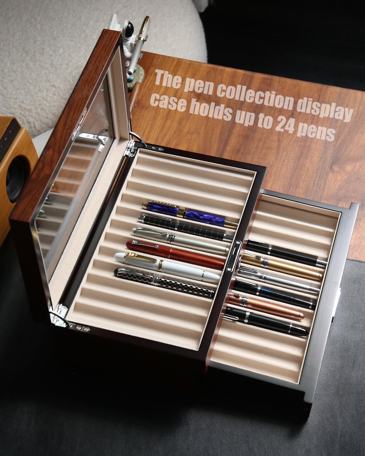 wood pen display case 24 slot Fountain pen Box storage Organizer with drawer, Top Glass Window Pen Collection Display Case