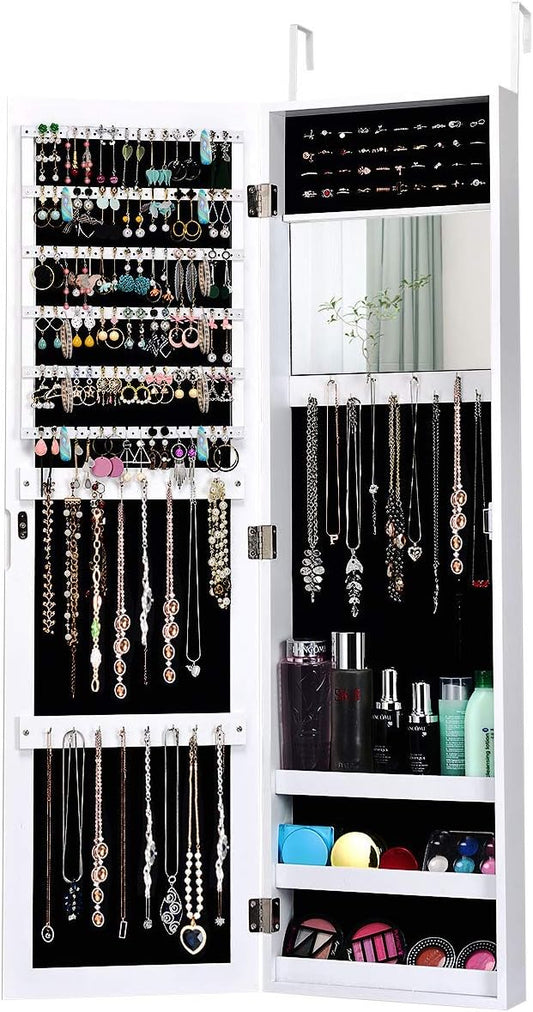 Giantex Wall Door Mounted Mirrored Jewelry Cabinet Jewelry Armoire Storage Organizer with Full Length Mirror Jewelry Cabinets (White)