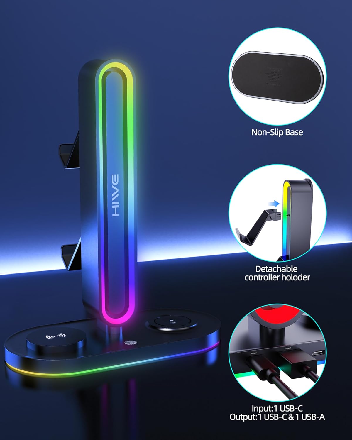 HiWe Universal RGB Gaming Headphone Stand with 2 Controller Holder, Wireless Charger for iPhone/iWatch, Solid ABS, Non-Slip Base, with USB-A & USB-C Outputs, Adatper Included, Black