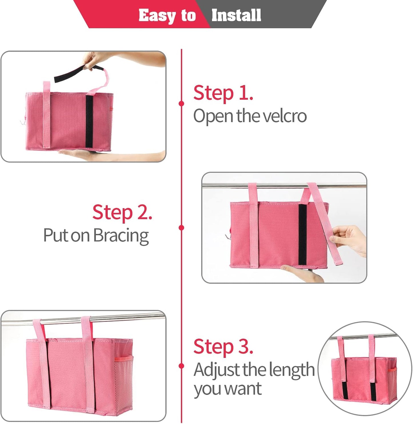 Bseash Bunk Bed Organizer, Bedside Caddy Hanging Bed Organizer Storage Bag with 4 Pockets and 2 Hooks, for College Dorm Rooms Bed, Hospital Bed, Baby Bed Rails, 600D Oxford Cloth (Pink)