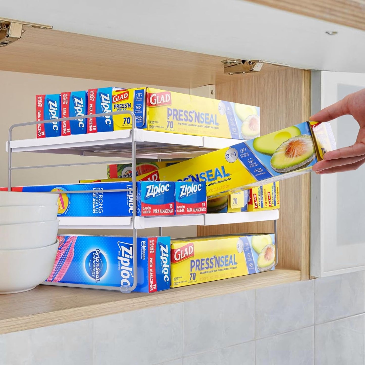 Pantry Organizers and Storage,3 Tiers Expandable Foil and Plastic Wrap Organizer, Adjustable Kitchen Cabinet Shelf Organizer, Shelves Storage Rack for Cabinet Countertop (9.8" To 15.6"L) 2PCS