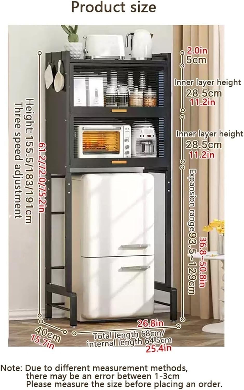 Stackable Kitchen Rack Cabinet Shelf Organizer - Adjustable Height Portable Mini Fridge & Microwave Stand with Large Storage Space - Black Kitchen Storage Solution