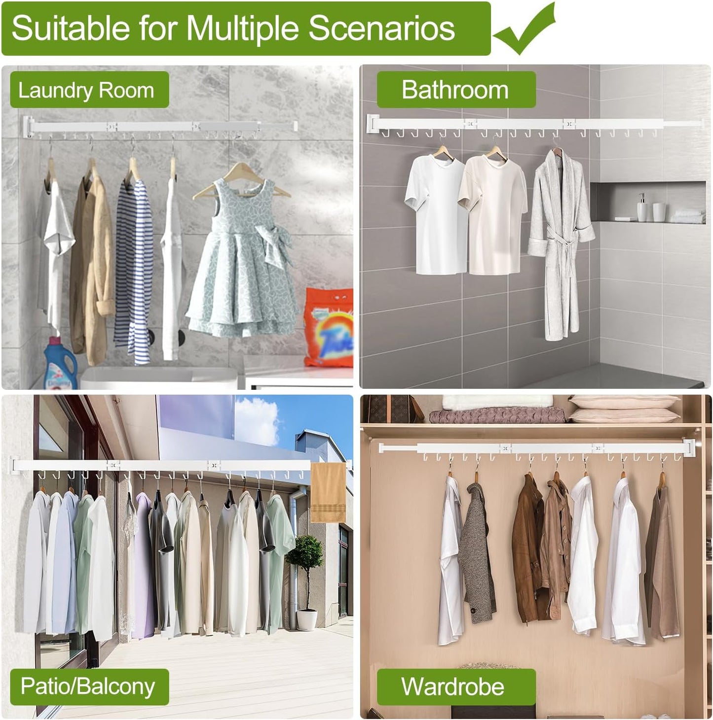 Clothes Drying Rack, Laundry Drying Rack Wall Mounted, [No-Drill & Drilling to Choose] 3-Fold Laundry Drying Racks for Hanging Clothes, Foldable & Sturdy Space Saver for Laundry Room -White