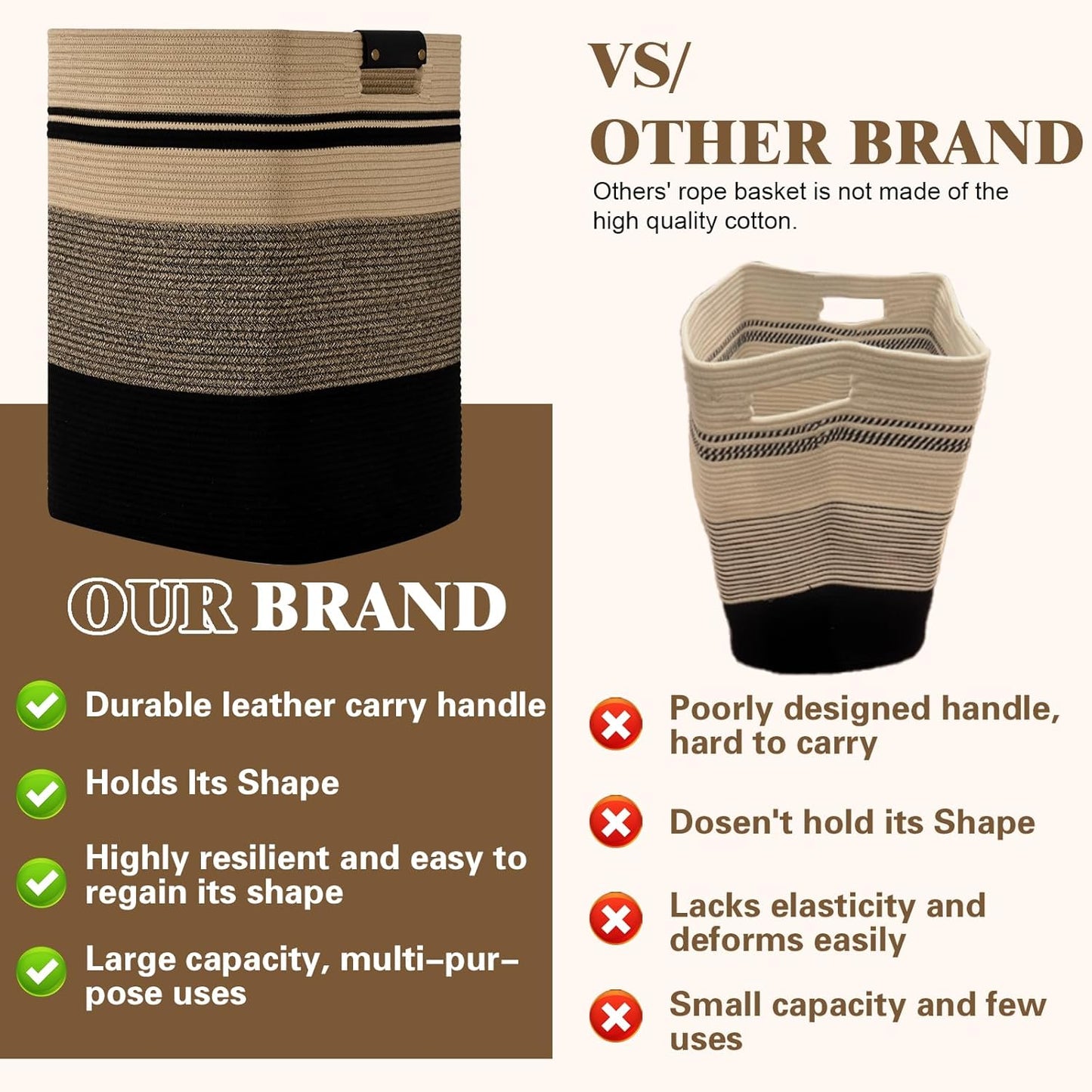 Laundry Hamper, 95L Tall Laundry Basket with Leather Handles, Rectangle Large Clothes Hamper for Organizing, Cotton Woven Laundry Baskets Storage Hampers for Bedroom, Nursery, Living Room