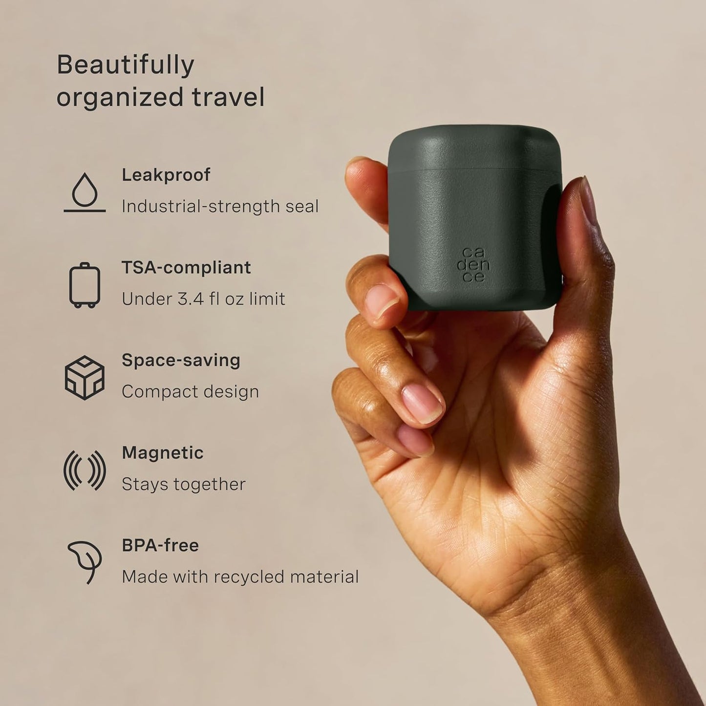 Cadence Travel Containers - Full Skincare Set - Magnetic Containers with Lids,Carry On Travel Essentials For Women/Men - 2 Small (0.56oz), 4 Medium Capsules (1.32oz), & Extender (1.43oz) - Charcoal