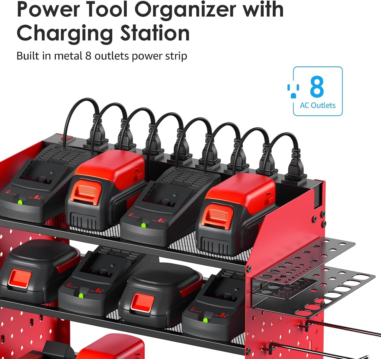 CCCEI Modular Pegboard Rack Power Tool Organizer with Charging Station. 4 Layer Wall Mount Drill Holder, Red Tool Battery Charger Organizer. Garage Shop Storage Utility Shelf with 10FT Power Strip.