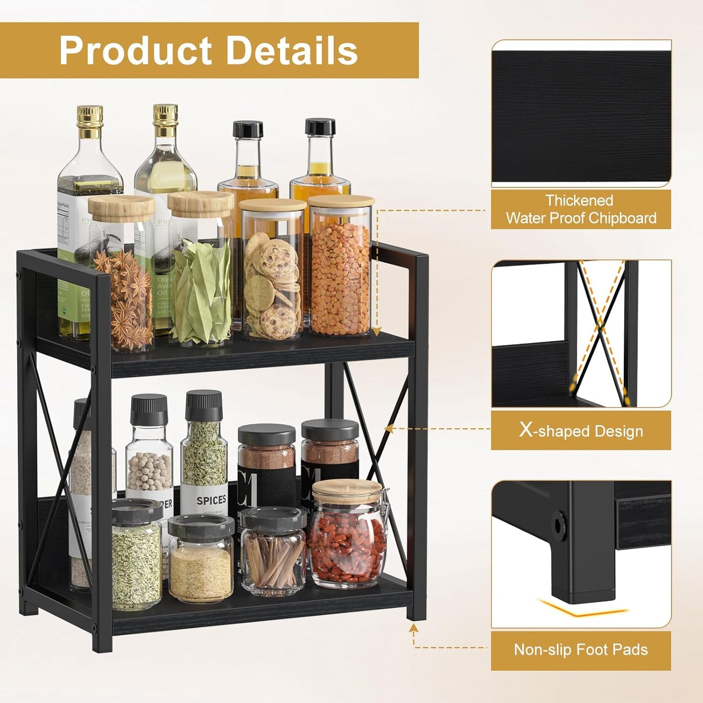 Giikin Countertop Organizer, 2 Tier Coffee Station Organizer for Desktop, Wood Counter Shelf Spice Rack for Kitchen (Black, M)