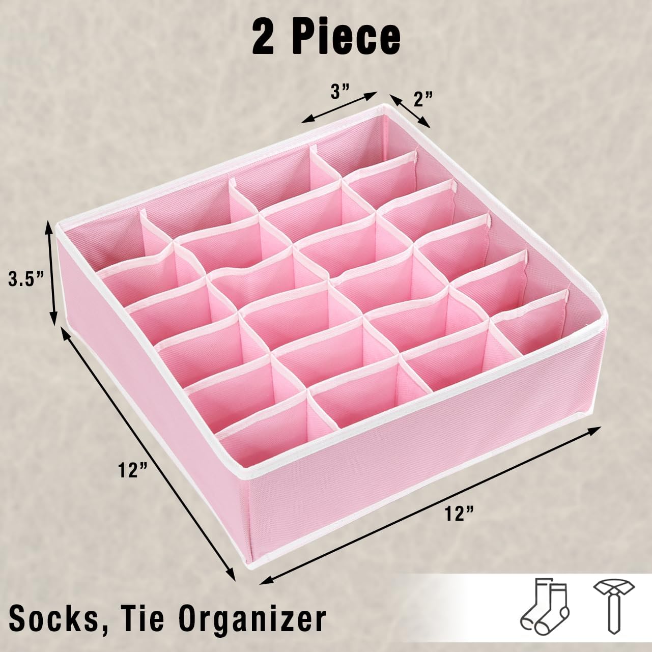 Simple Houseware 2 Pack Closet Sock Organizer, 24 Cell Drawer Divider, Pink