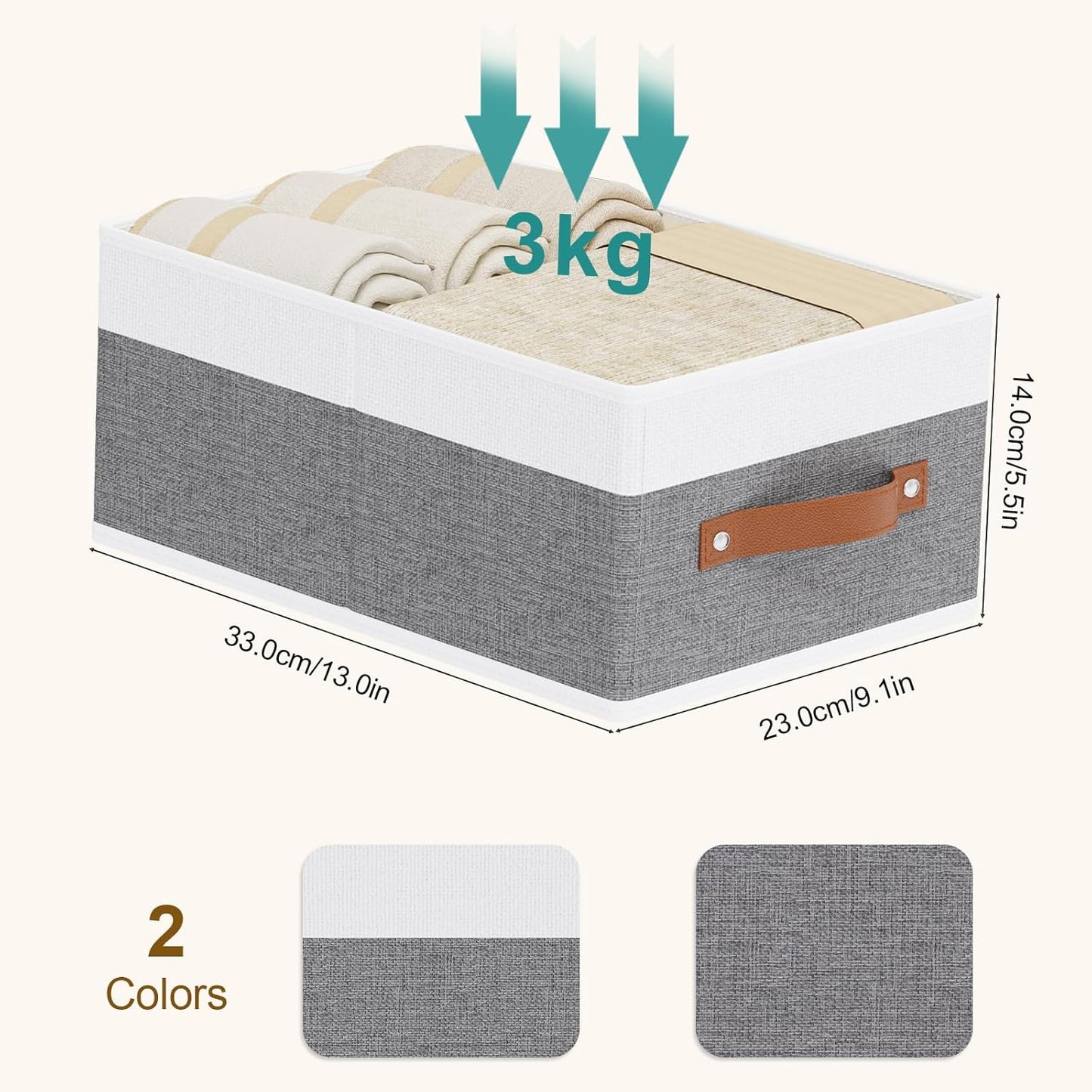Fabric Clothing Storage Boxes, Storage Baskets with Handles, Cube Organizer Bins for Bedroom Laundry,13 × 9.1 × 5.5 Inch, White and Grey, 2-Pack